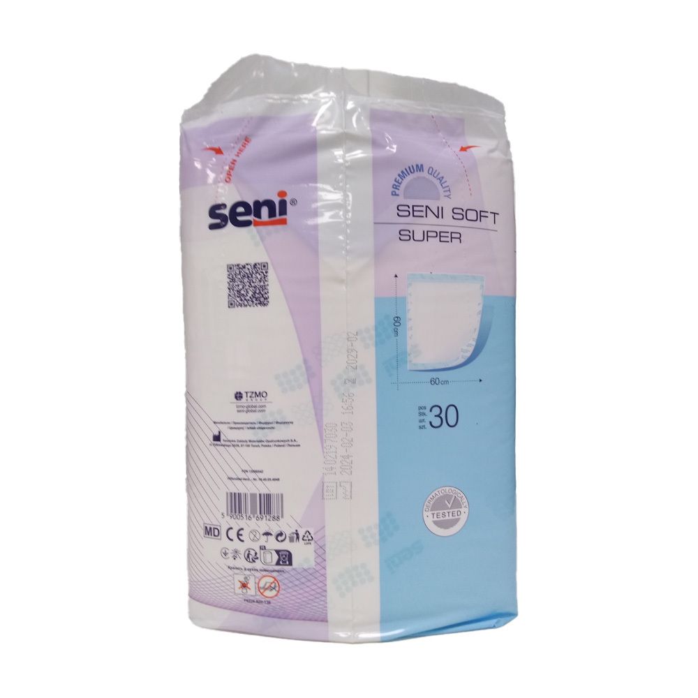 Emballage SENI Soft Super Bettschutz. 30 unités. Logo SENI. Code QR et informations produit. Marquage CE.