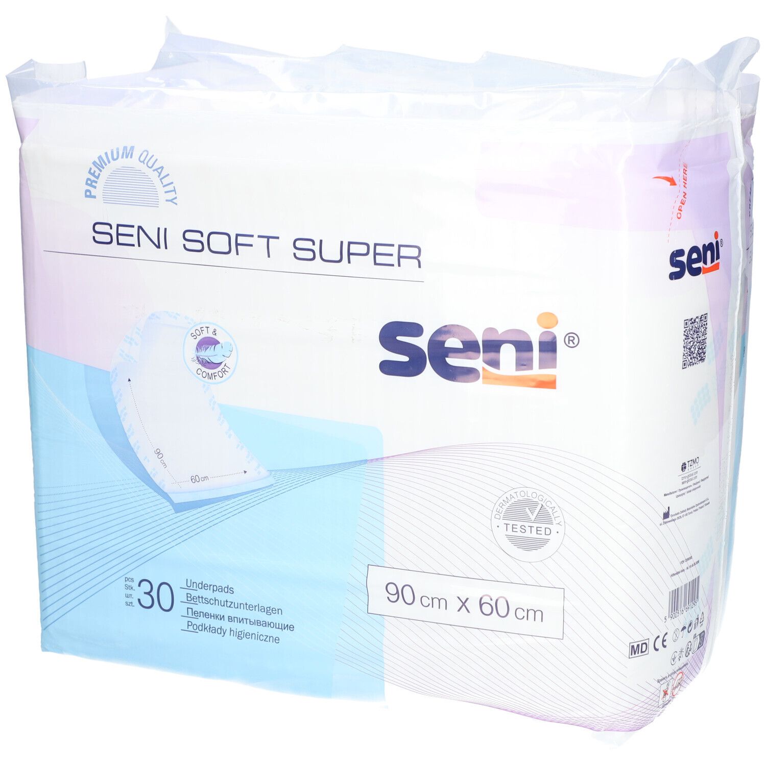 Verpakking SENI Soft Super Alèses. 30 stuks, 90 cm x 60 cm. Merk SENI. Premium kwaliteit.