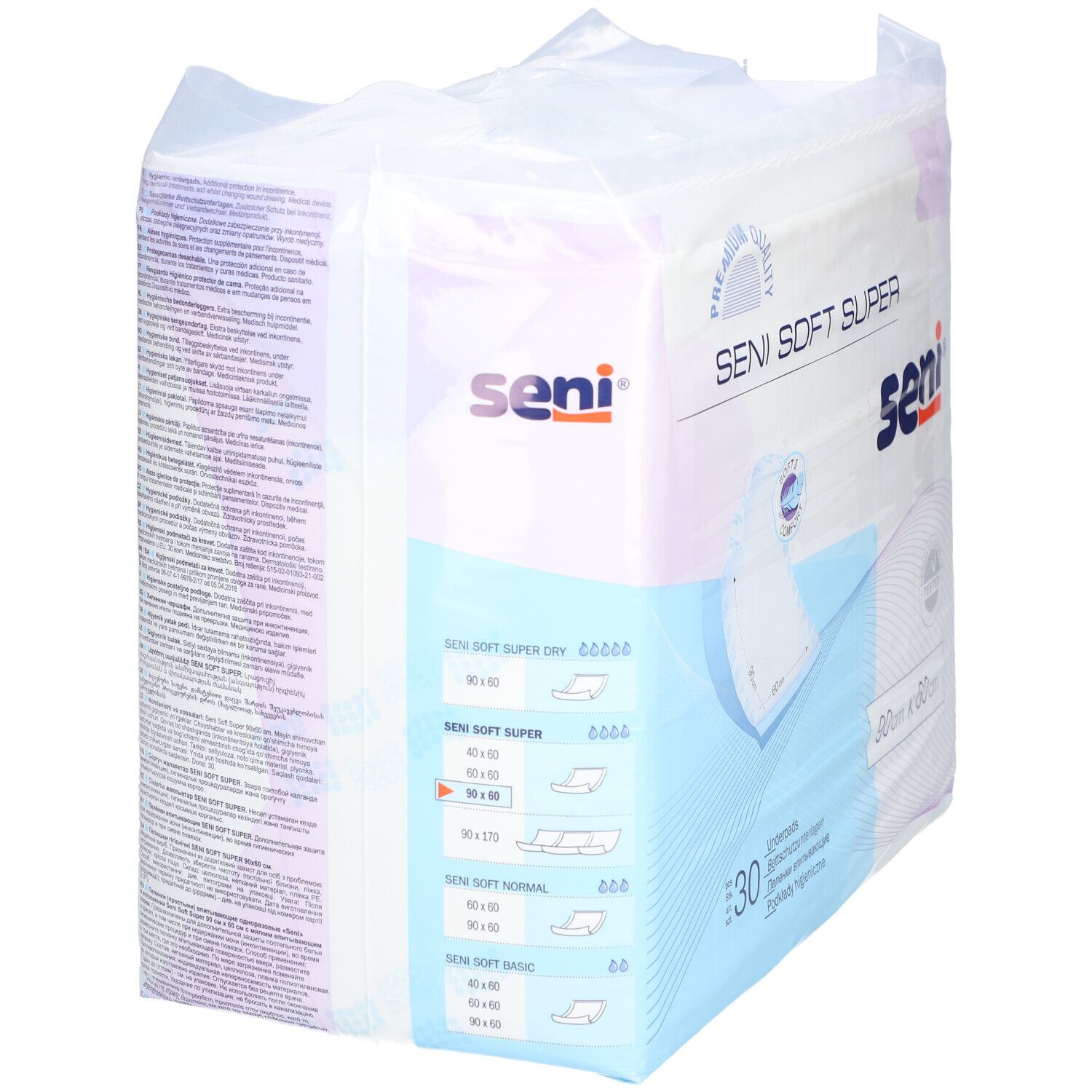 Verpakking SENI Soft Super Alèses. 30 stuks, 90x60cm. Productoverzicht. Merk SENI. Premium kwaliteit.