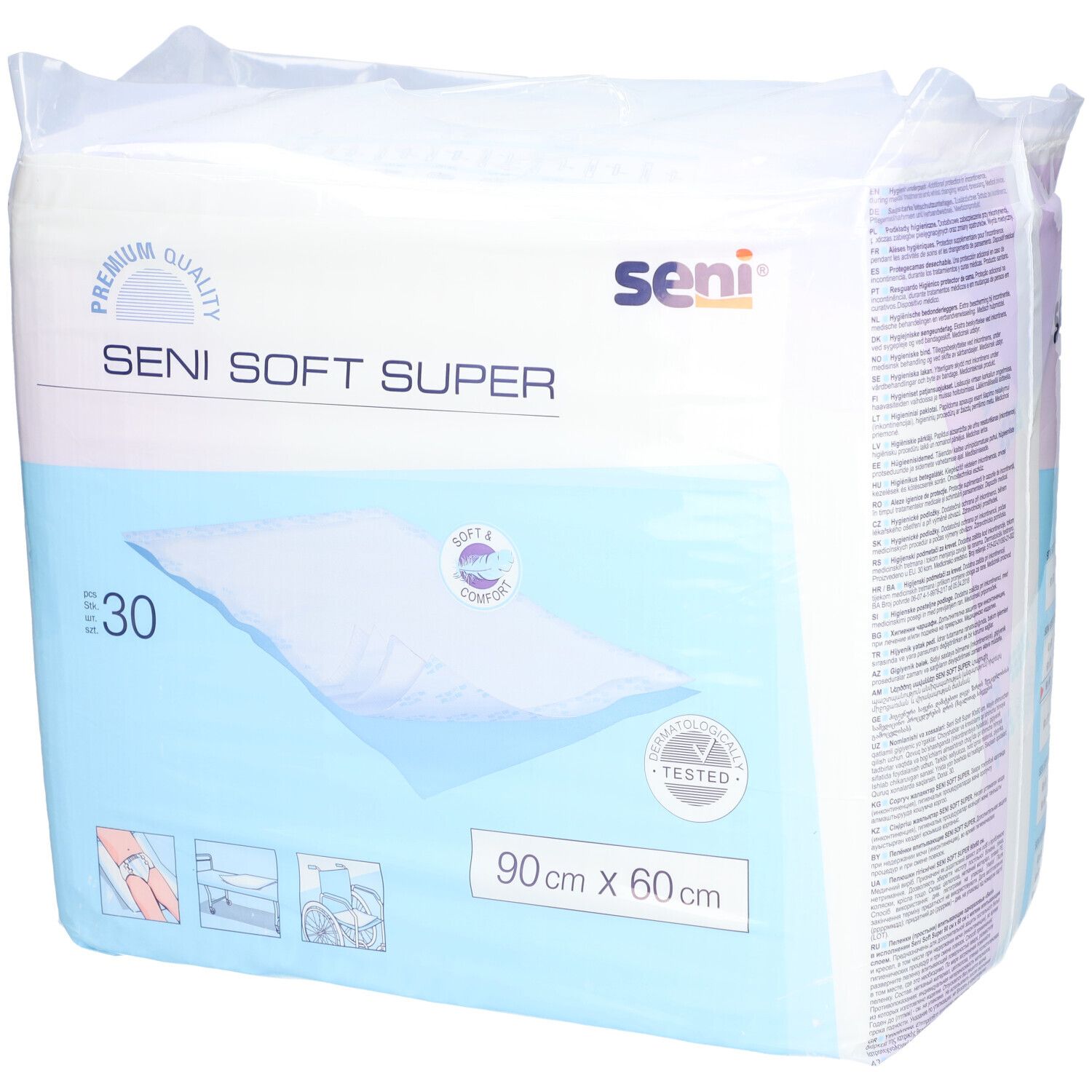 Verpakking SENI Soft Super Alèses. 30 stuks, 90 cm x 60 cm. Merk SENI. Geschikt voor rolstoelen.