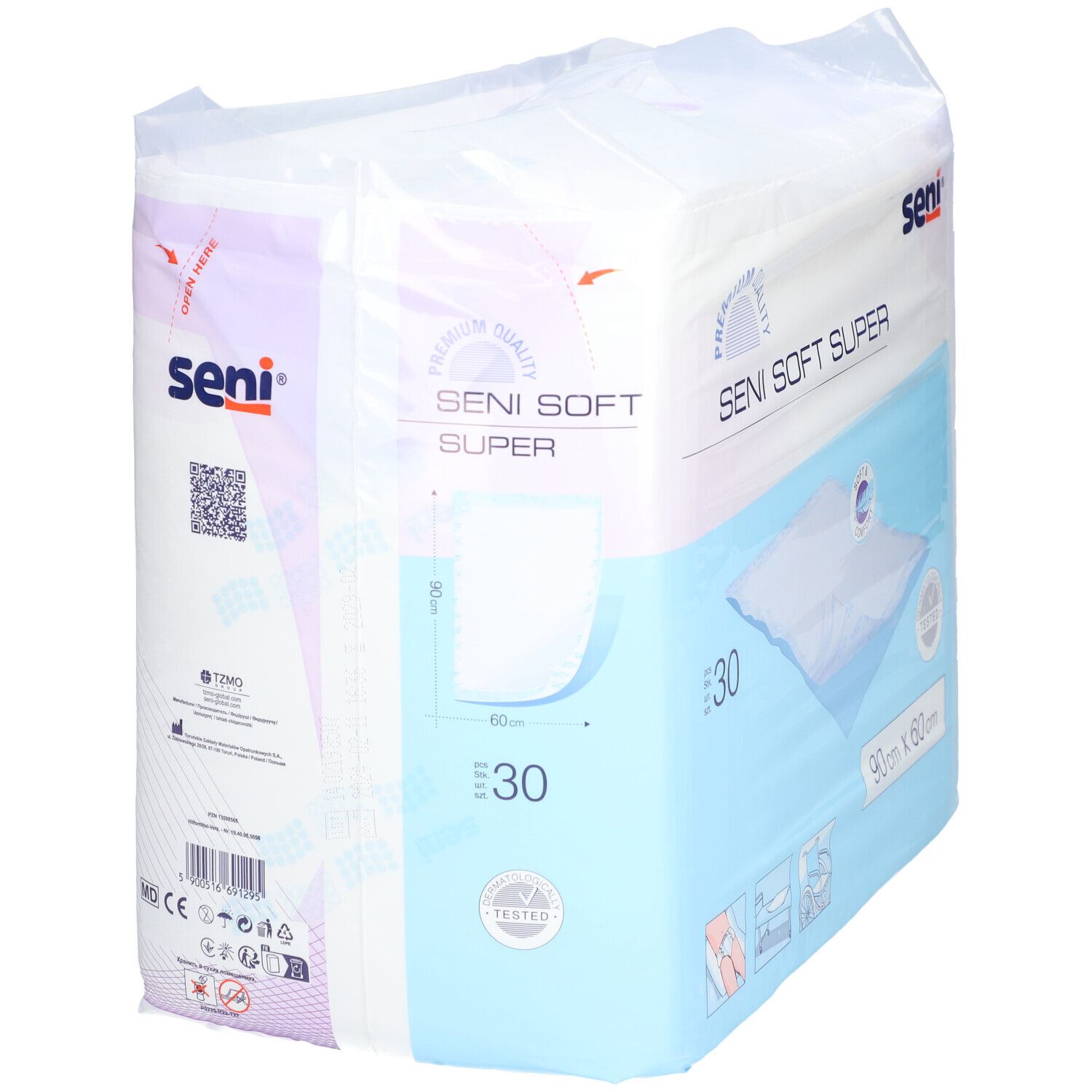 Verpakking SENI Soft Super Alèses. 30 stuks, 90 cm x 60 cm. Merk SENI. Met kwaliteitslabel.