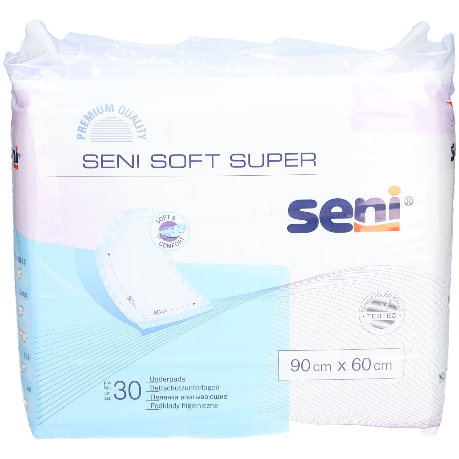 Verpakking SENI Soft Super Alèses. 30 stuks, 90 cm x 60 cm. Merk SENI. Zacht & Comfort.