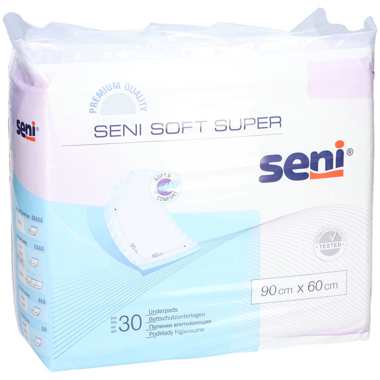 Verpakking SENI Soft Super Alèses. 30 stuks, 90 cm x 60 cm. Merk SENI. Zacht & Comfort.