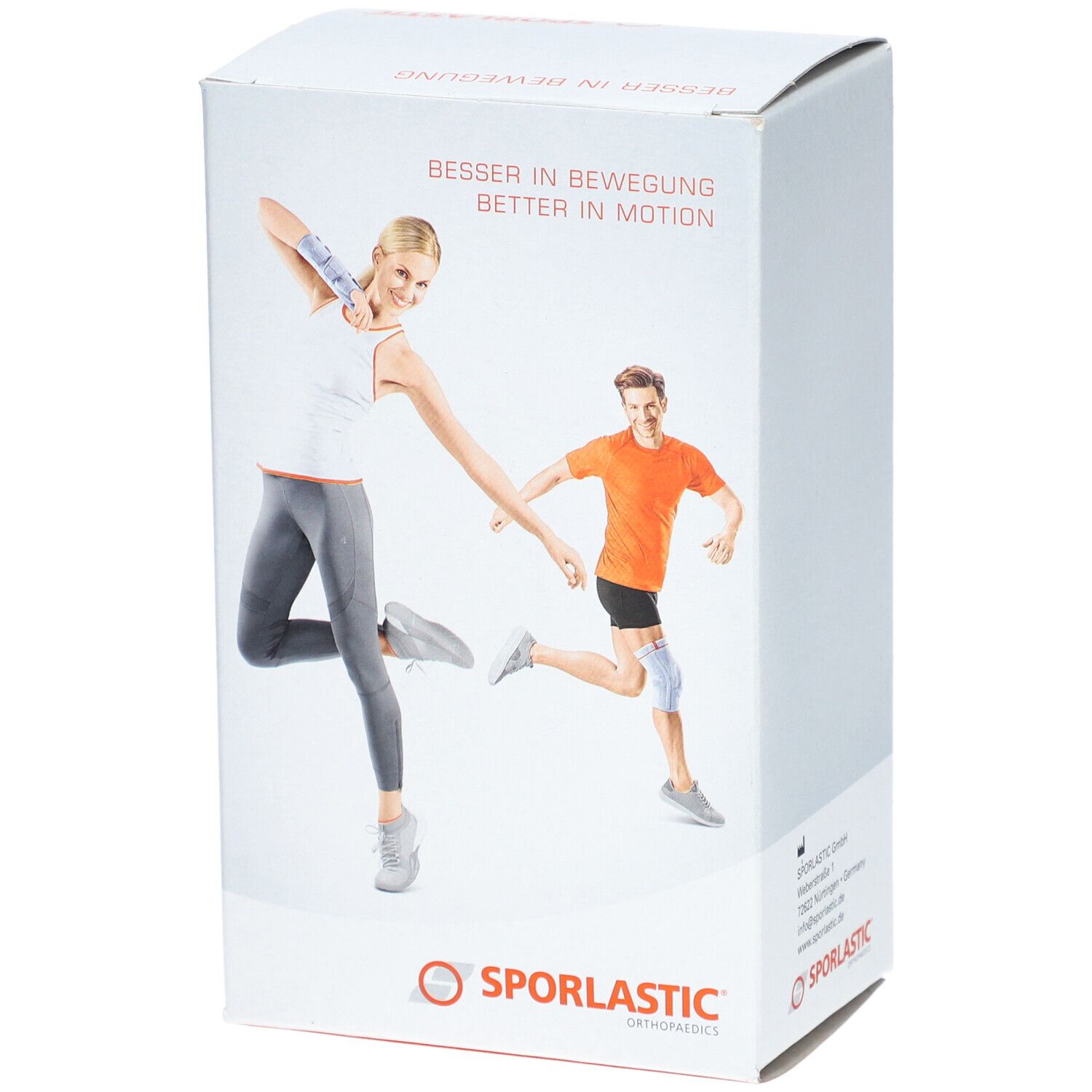 Productverpakking met afbeeldingen van mensen met bandages. Merk SPORLASTIC. Tekst: BESSER IN BEWEGUNG / BETTER IN MOTION.