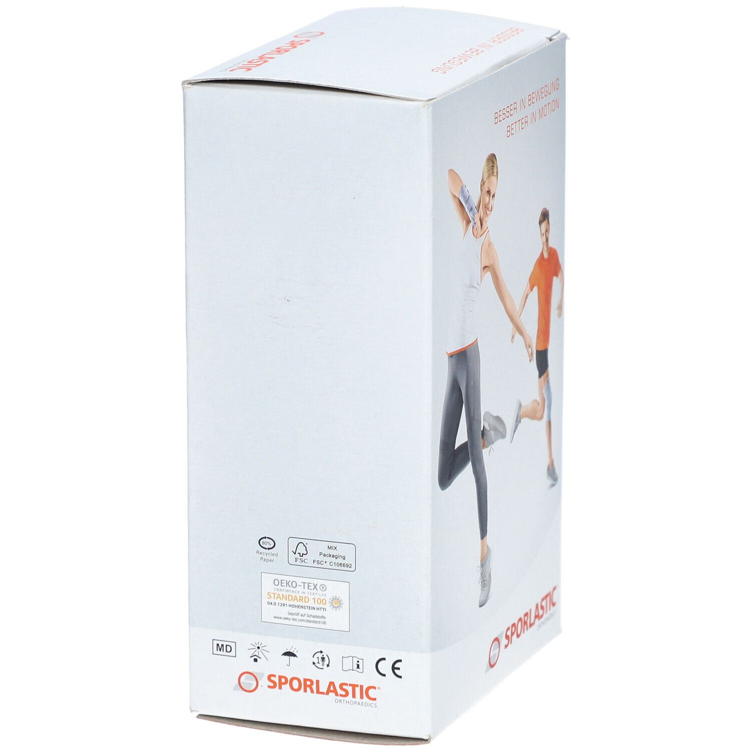 Zijaanzicht van de productverpakking. Merk SPORLASTIC. Logo's en certificeringen. Tekst: BESSER IN BEWEGUNG / BETTER IN MOTION.