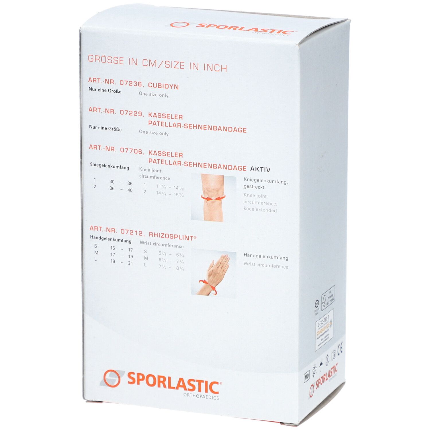 Productverpakking met maattabel voor bandages. Merk SPORLASTIC. Tekst: GRÖSSE IN CM/SIZE IN INCH. Productnamen.