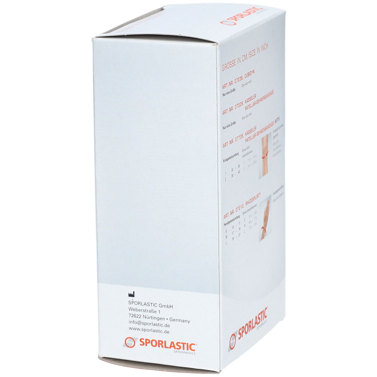 Zijaanzicht van de productverpakking met tekst en logo SPORLASTIC. Tekst: GRÖSSE IN CM/SIZE IN INCH. Adres van de fabrikant.