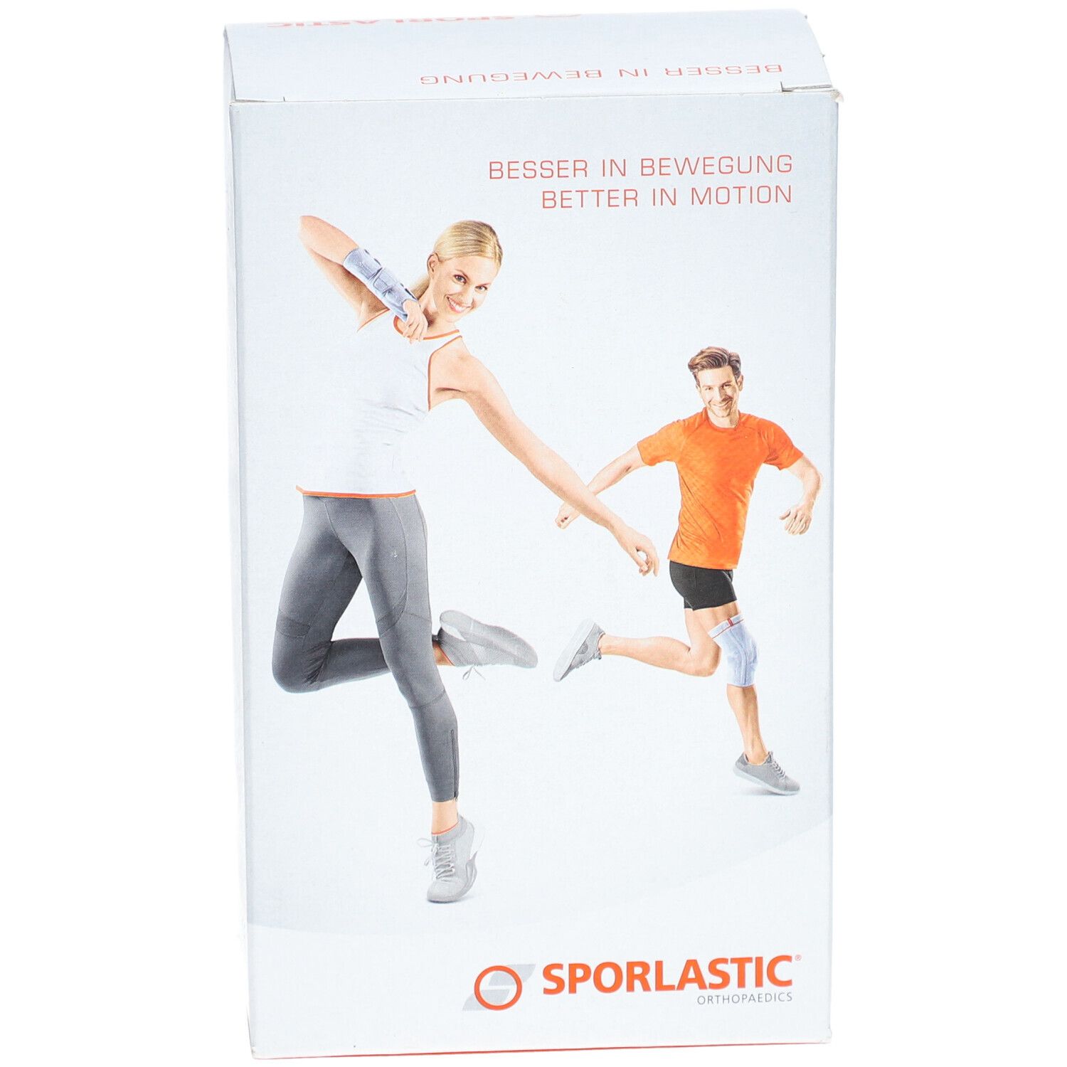 Productverpakking met afbeeldingen van mensen met bandages. Merk SPORLASTIC. Tekst: BESSER IN BEWEGUNG / BETTER IN MOTION.