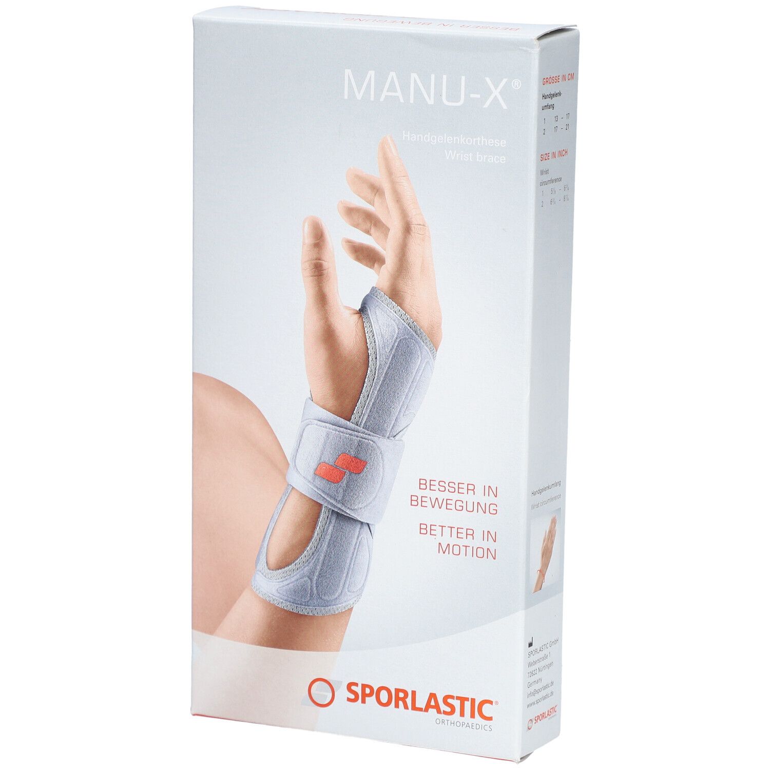 Verpakking van de polsbrace MANU-X. Toont een hand met brace. Merk SPORLASTIC. Tekst: BESSER IN BEWEGUNG, BETTER IN MOTION.