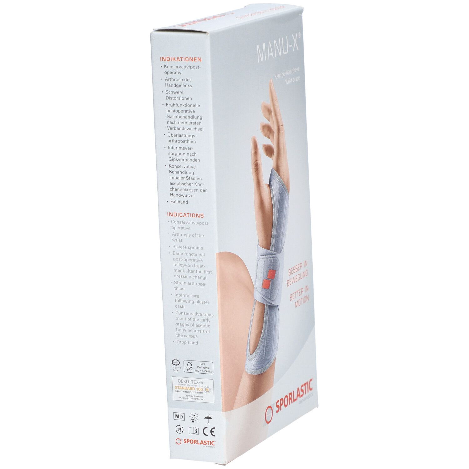 Verpakking van de polsbrace MANU-X. Toont indicaties en een hand met brace. Merk SPORLASTIC. CE-markering.