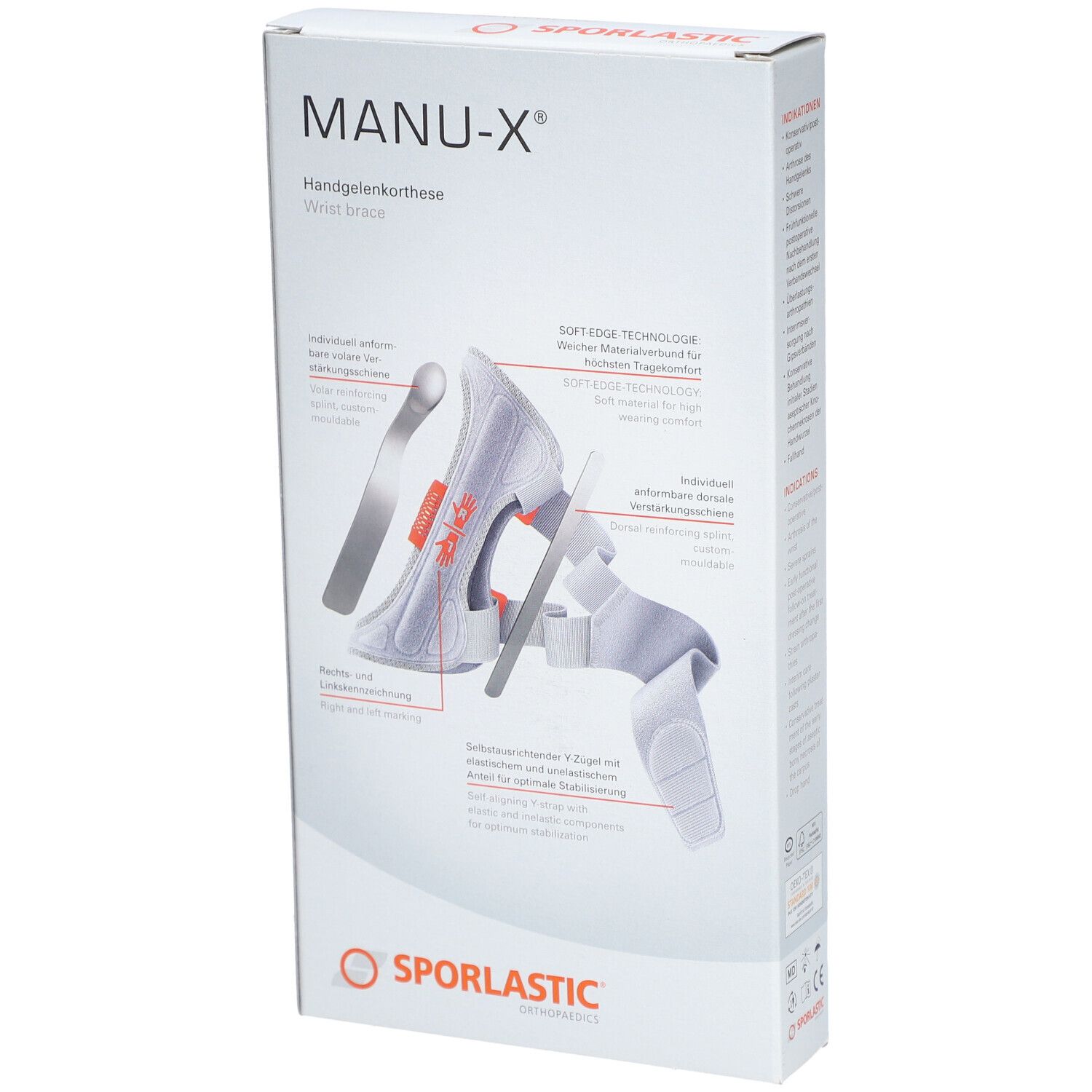 Verpakking van de polsbrace MANU-X. Toont een schematische weergave van de brace. Merk SPORLASTIC.