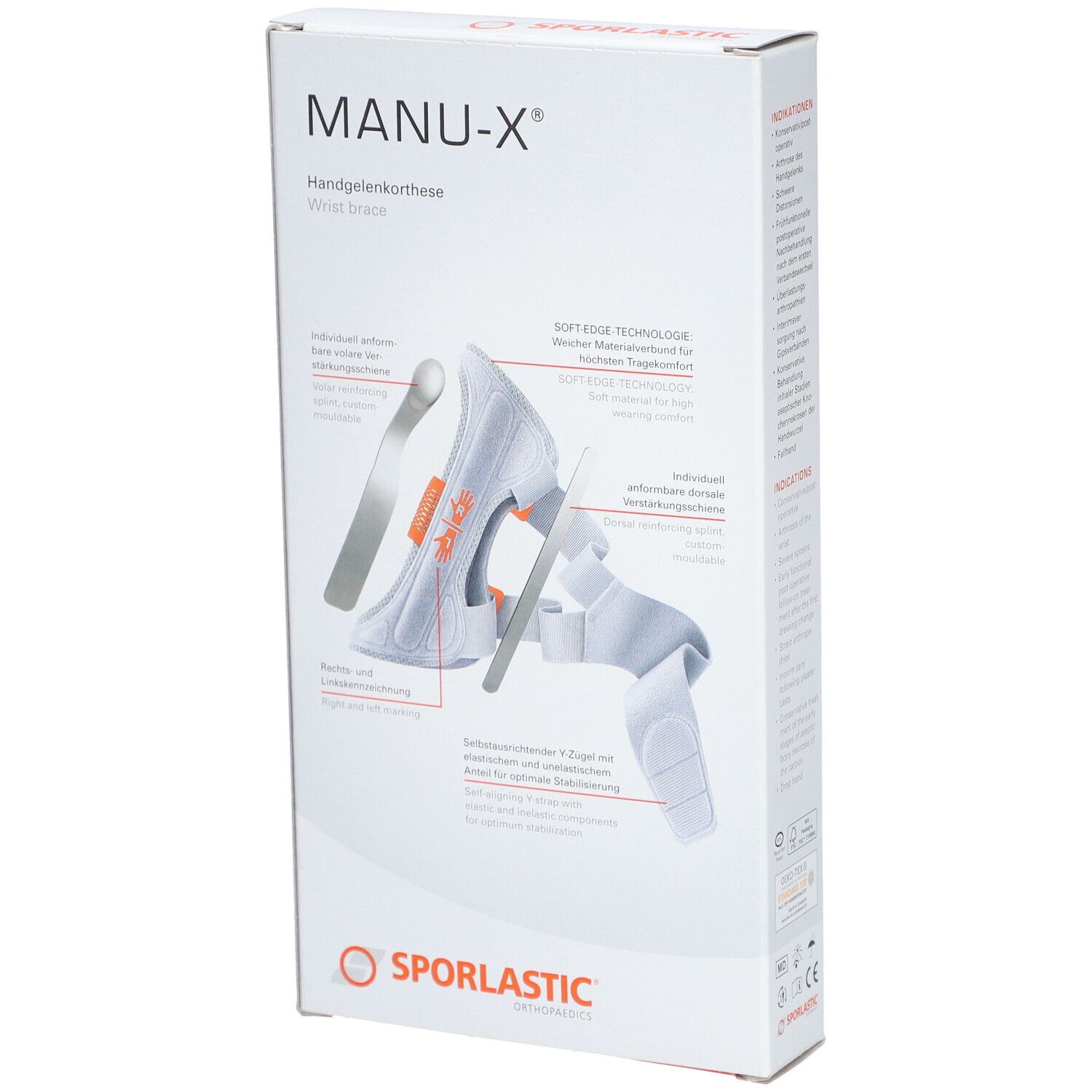 Verpakking van de polsbrace MANU-X. Achterkant met productafbeelding en technische details. SPORLASTIC logo onderaan.