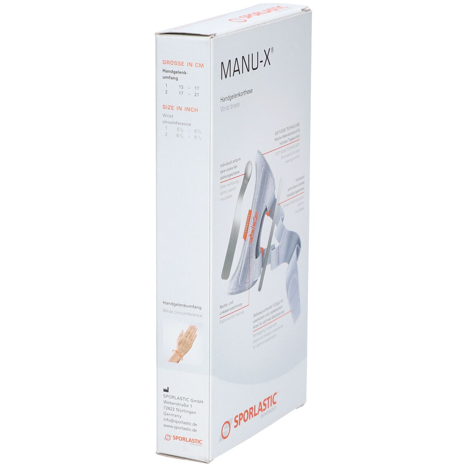 Verpakking van de polsbrace MANU-X. Zijkant met maatindicaties in cm en inches. SPORLASTIC logo onderaan.