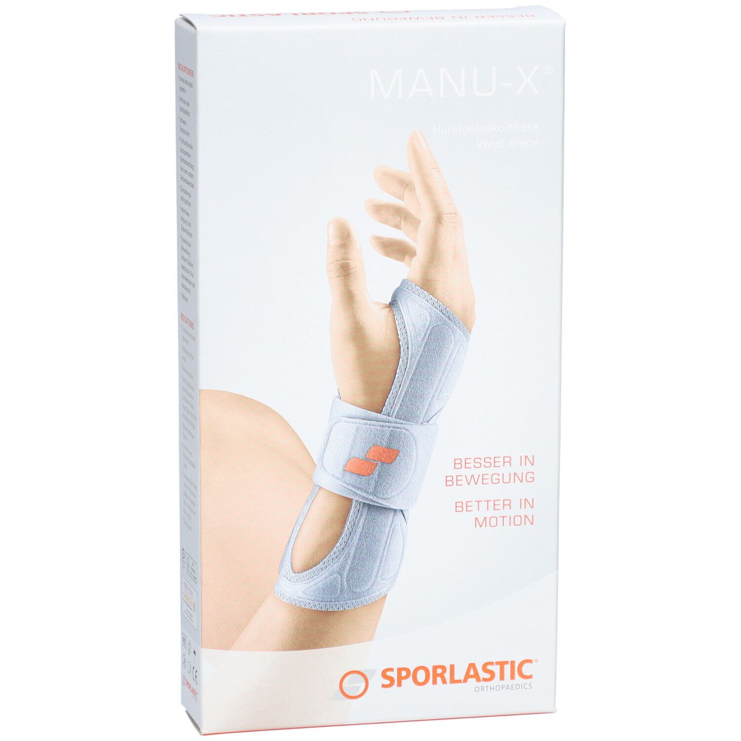 Verpakking van de polsbrace MANU-X. Toont een hand met de brace. SPORLASTIC logo onderaan. Tekst: BESSER IN BEWEGUNG / BETTER IN MOTION.