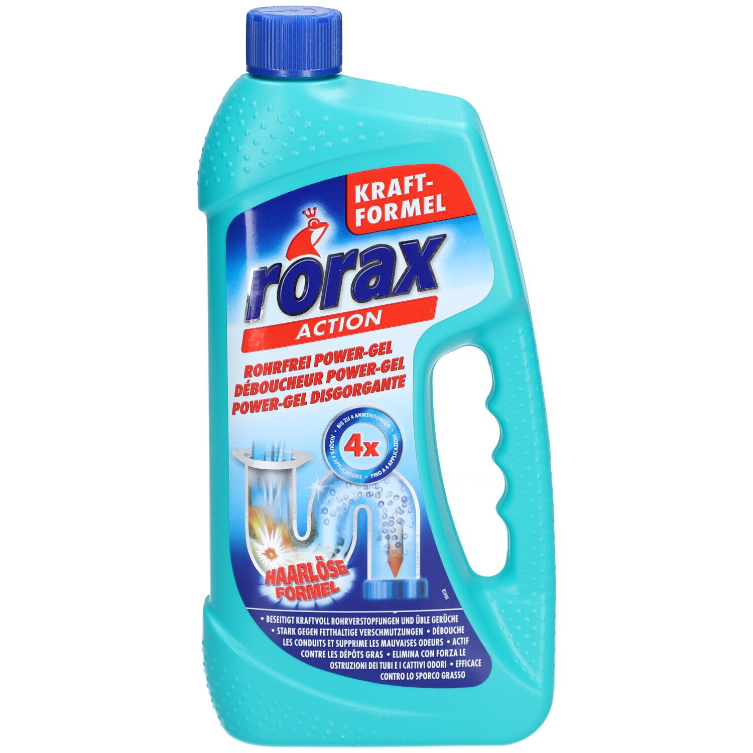 Turquoise fles met blauwe dop. RORAX Action Power-Gel etiket. Tekst Kraft-Formel. Illustratie van een verstopte afvoer.