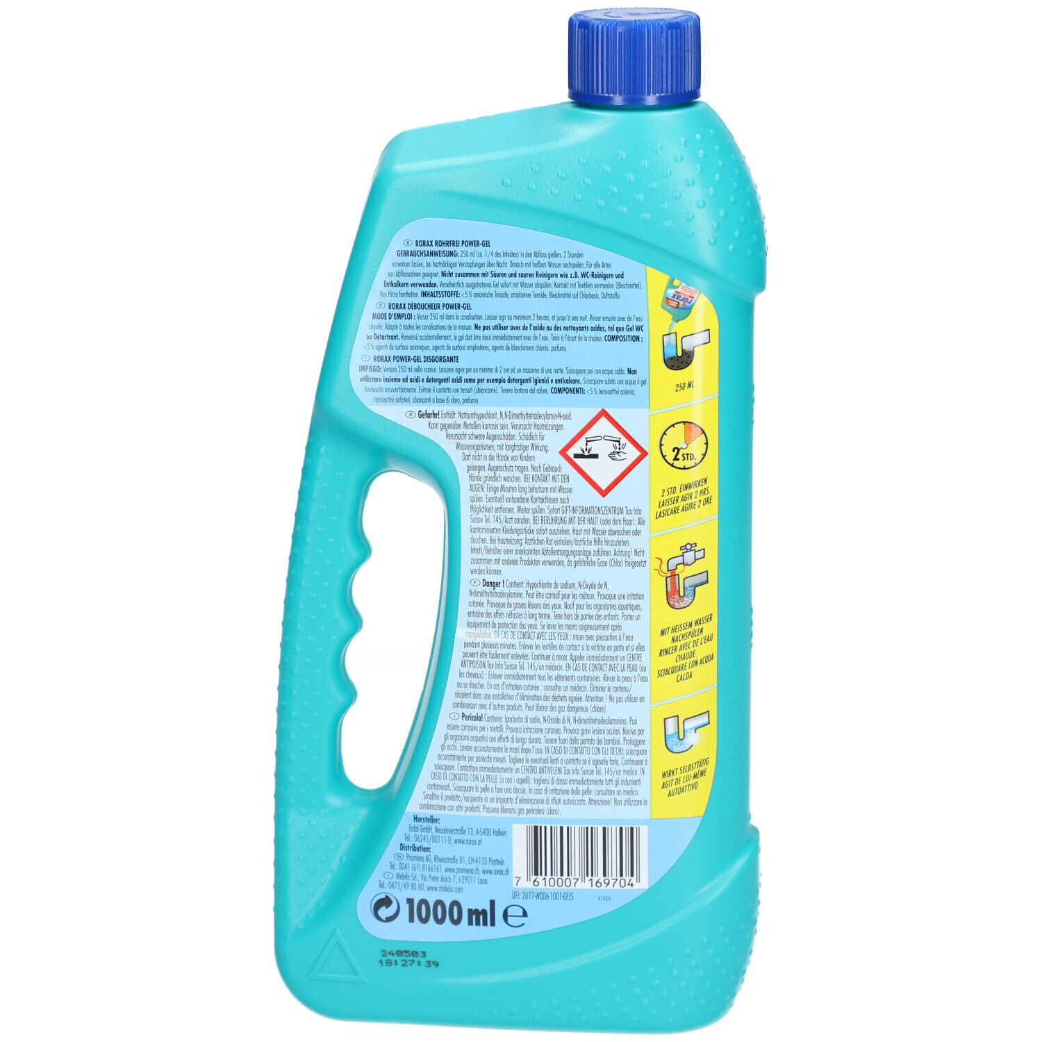 Achterkant van de turquoise fles. Meertalige teksten en pictogrammen. Blauwe dop en handvat. Waarschuwingen.