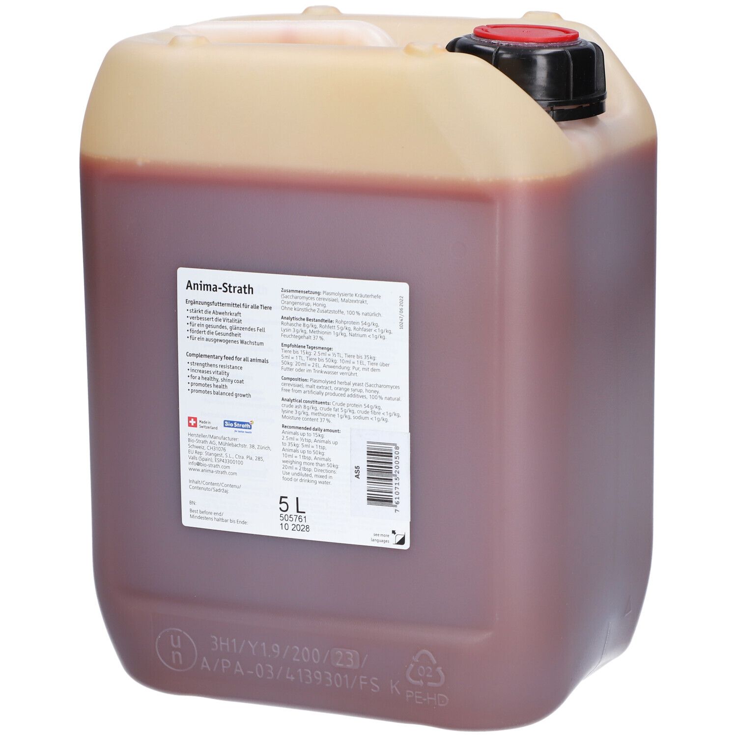 Container met vloeistof. Etiket met productnaam, ingrediënten en volume 5L.