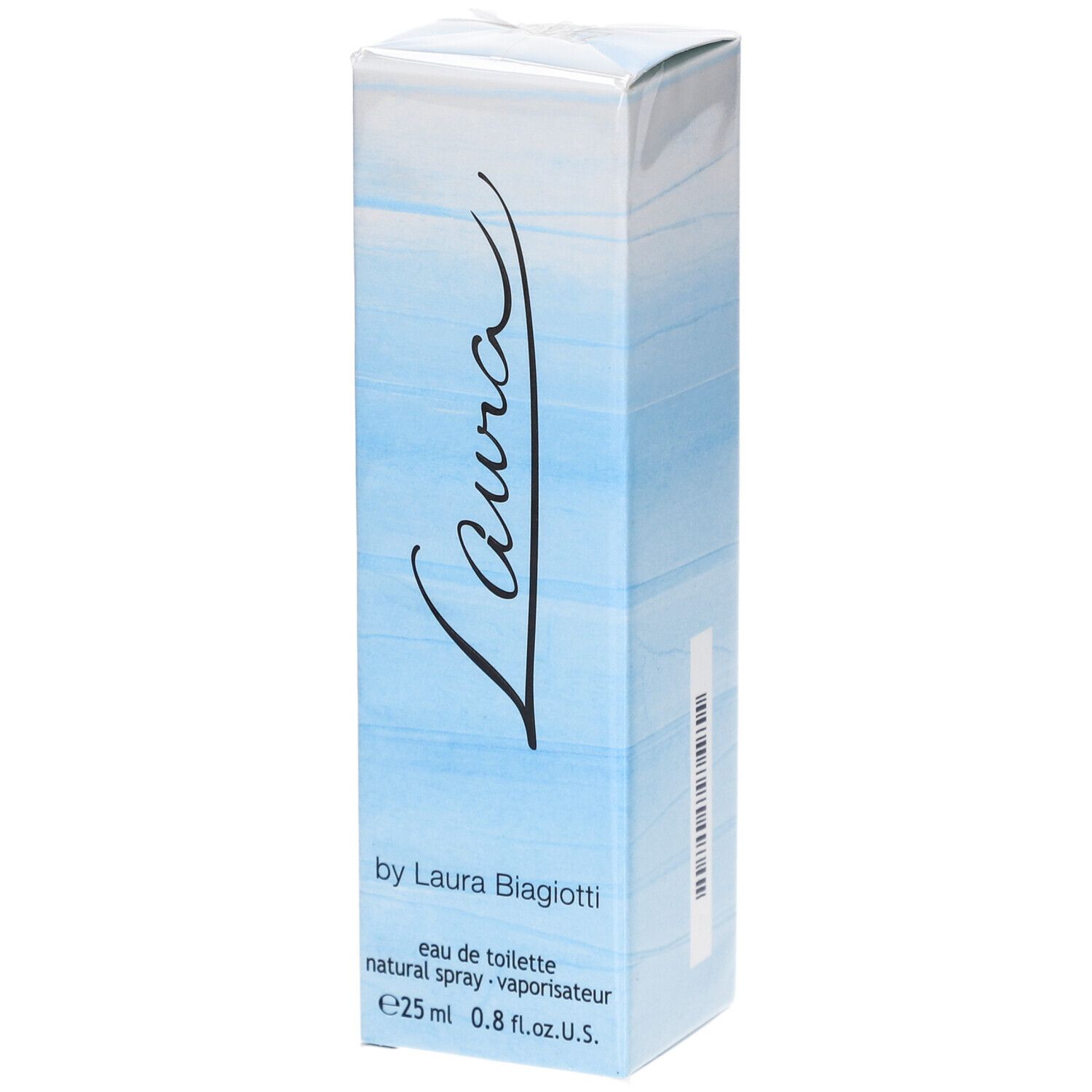 Rechthoekige doos Laura Eau de Toilette. Blauwe verlopen. Opschrift Laura. Van Laura Biagiotti. 25 ml.