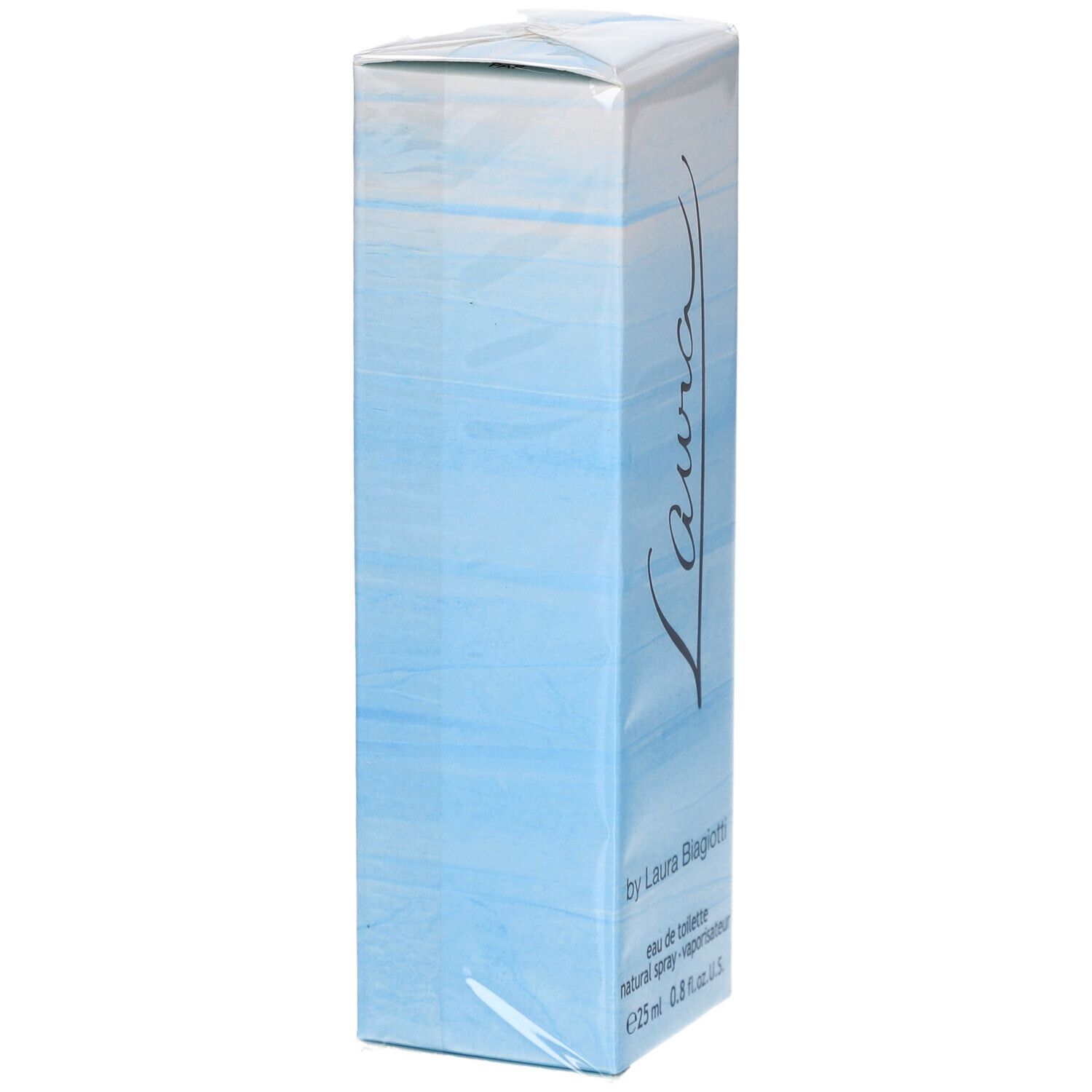 Laura Eau de Toilette doos, zijaanzicht. Blauwe verlopen. Opschrift Laura. Van Laura Biagiotti. 25 ml.