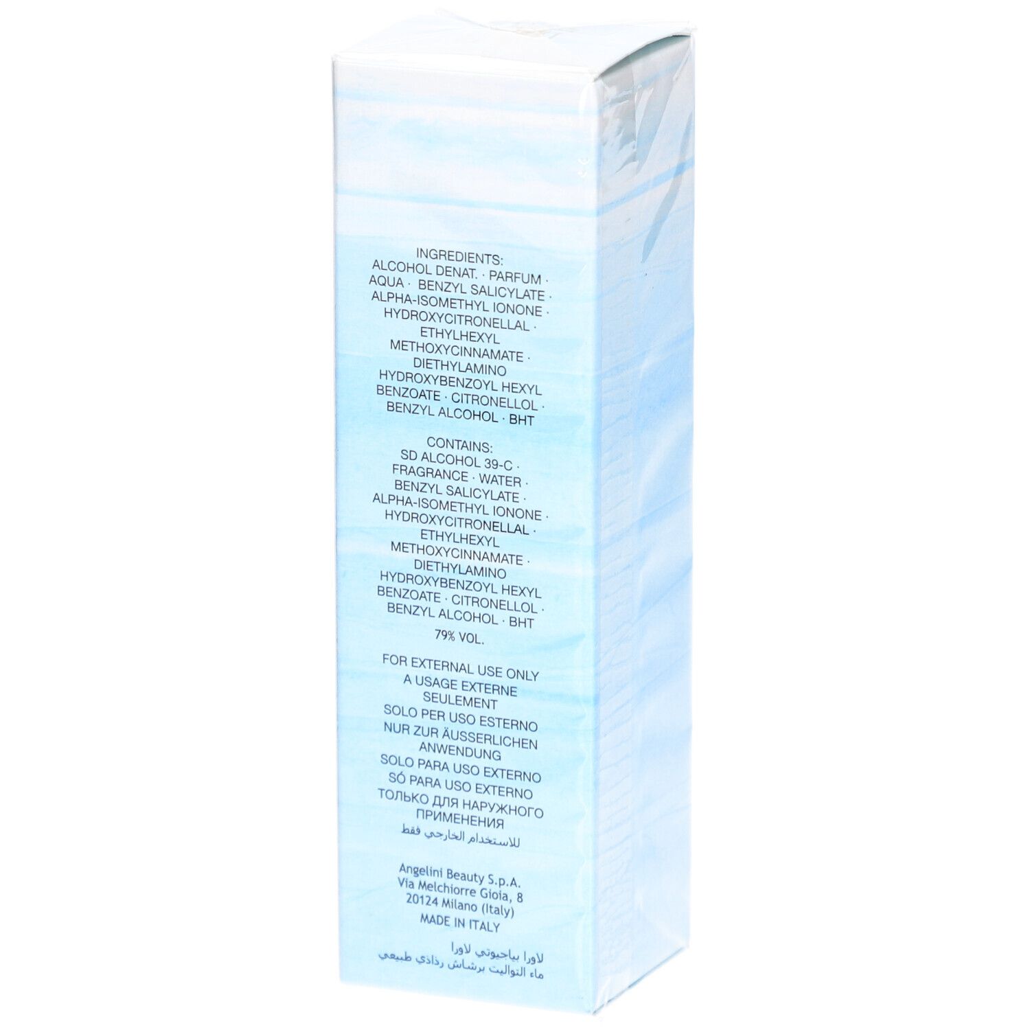 Achterkant van de Laura Eau de Toilette doos. Ingrediënten, waarschuwingen. Fabrikantenadres. 79% Vol.