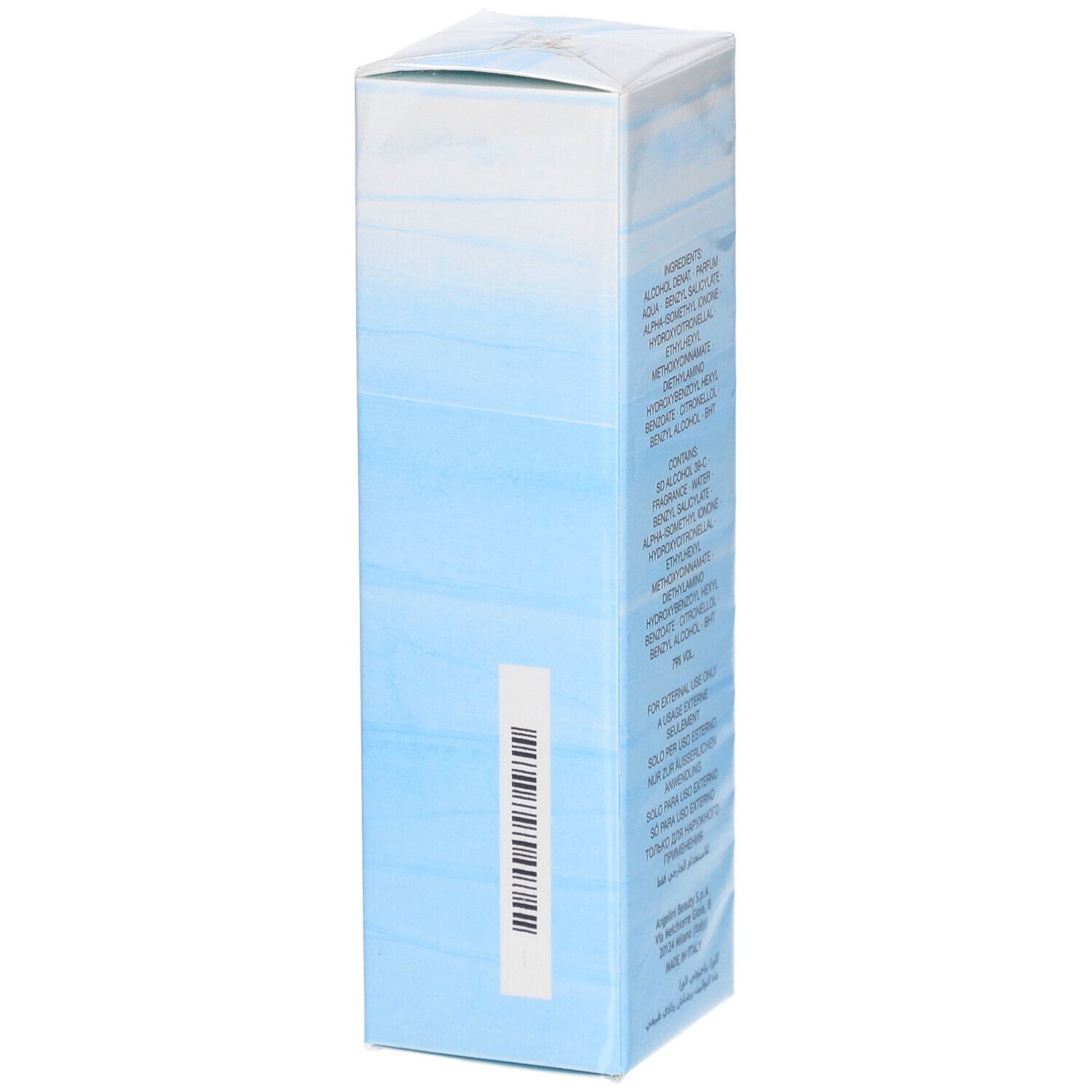 Achterkant van de Laura Eau de Toilette doos. Ingrediënten, waarschuwingen. Barcode. Fabrikantenadres.