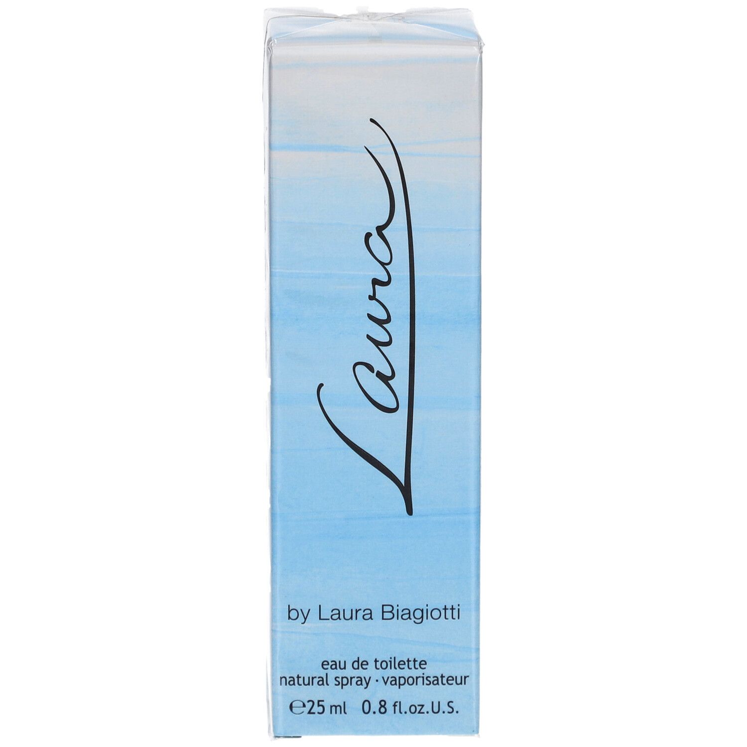 Laura Eau de Toilette doos. Blauwe verlopen. Opschrift Laura. Van Laura Biagiotti. 25 ml.