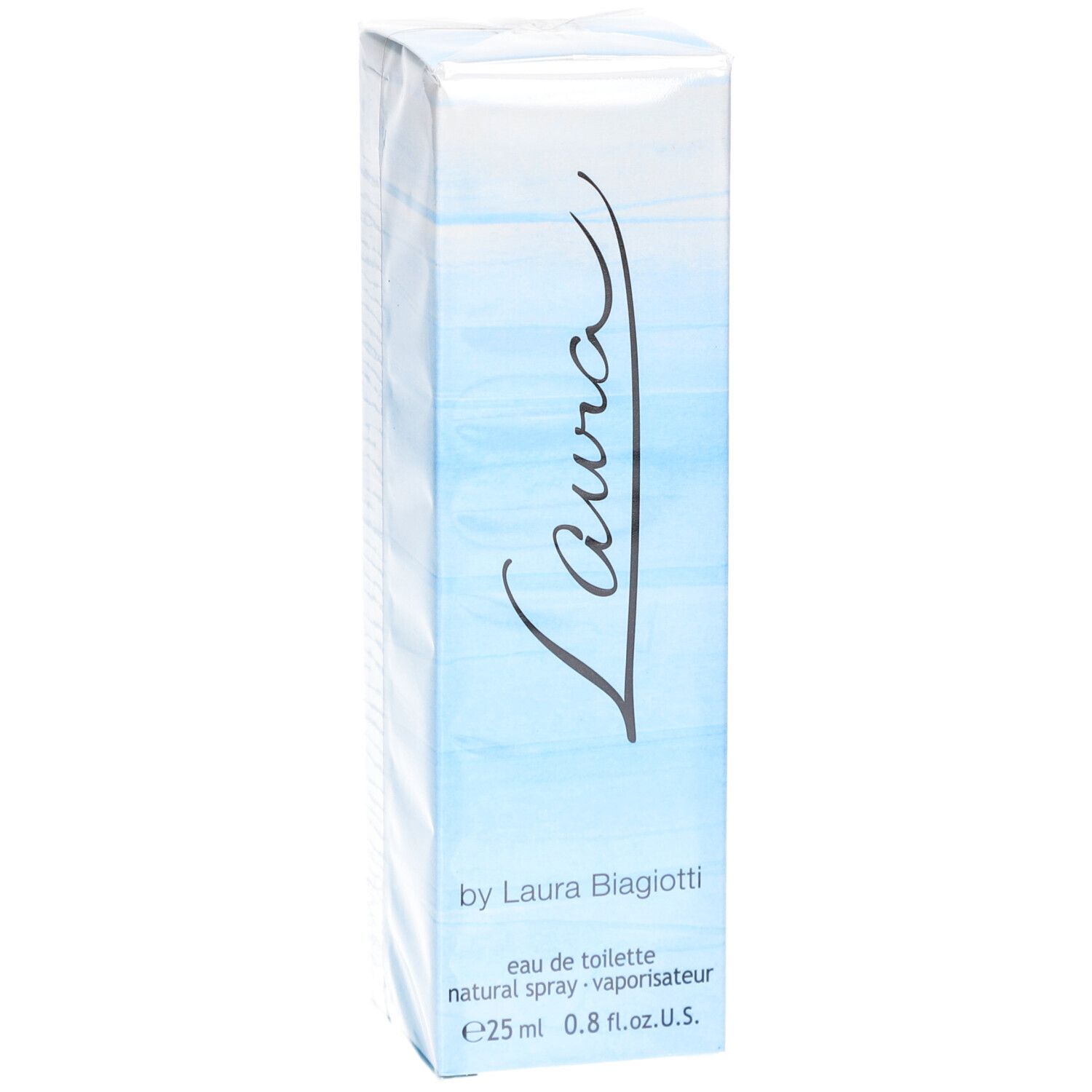 Laura Eau de Toilette doos. Blauwe verlopen. Opschrift Laura. Van Laura Biagiotti. 25 ml.