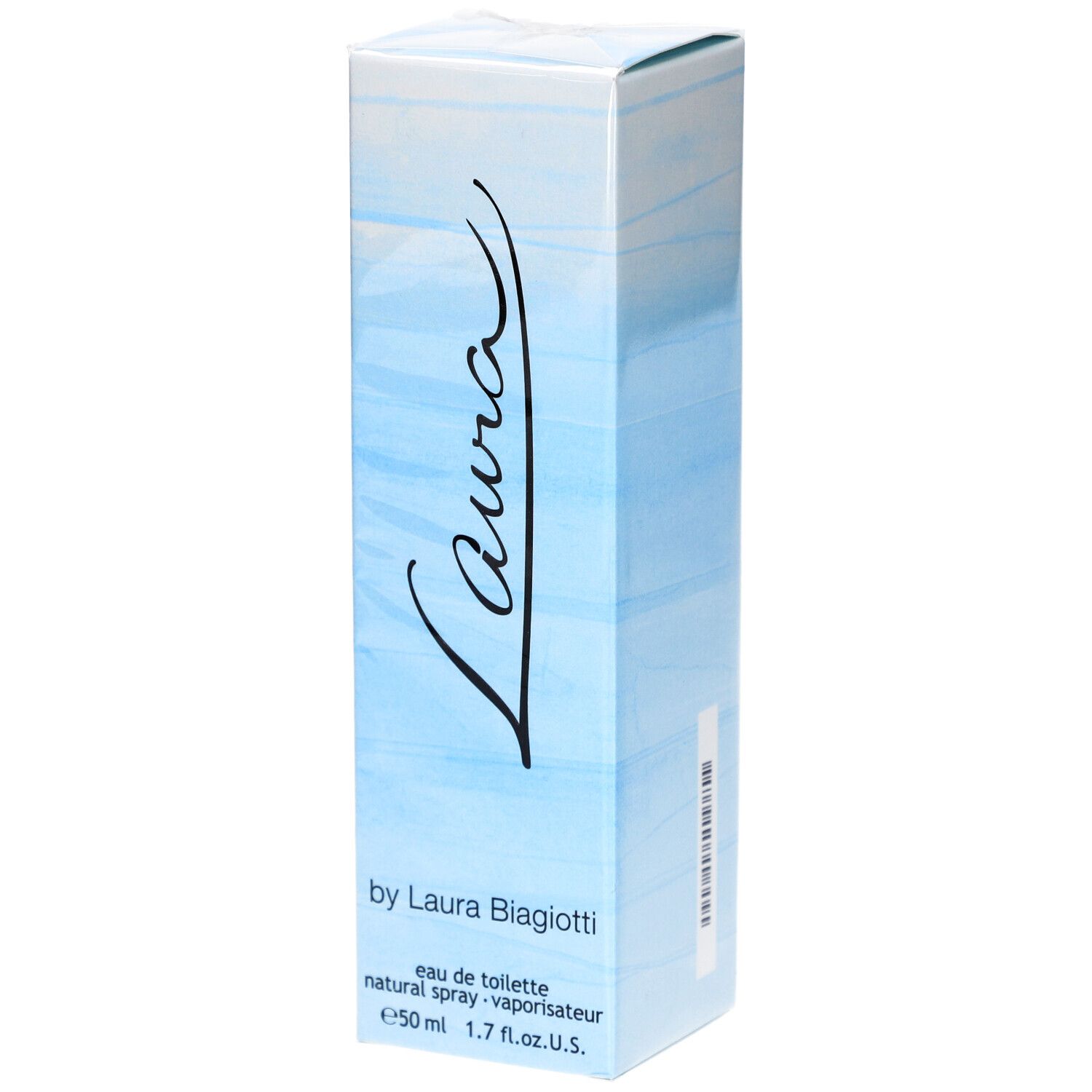 Blauw-witte parfumdoos met het woord "Laura". Tekst: "by Laura Biagiotti", "eau de toilette".