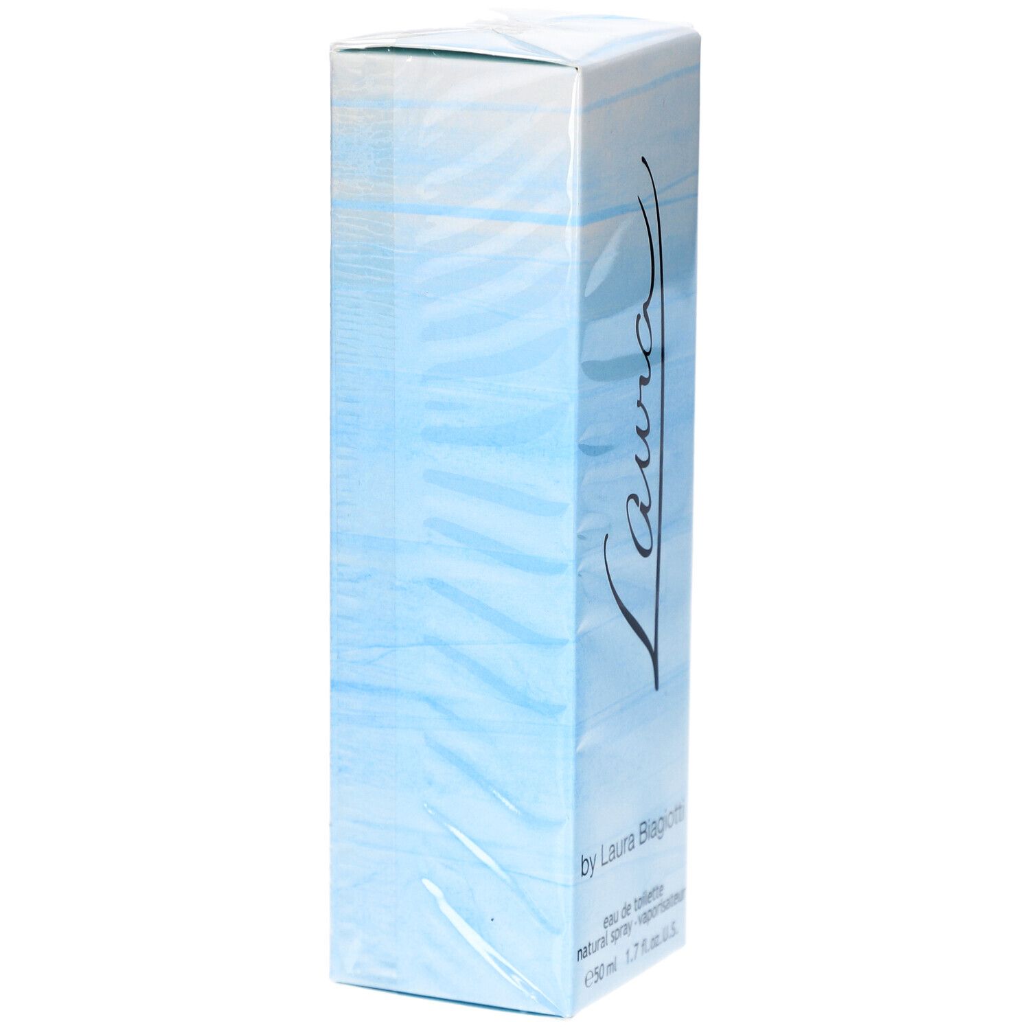 Blauw-witte parfumdoos met het woord "Laura". Tekst: "by Laura Biagiotti", "eau de toilette".