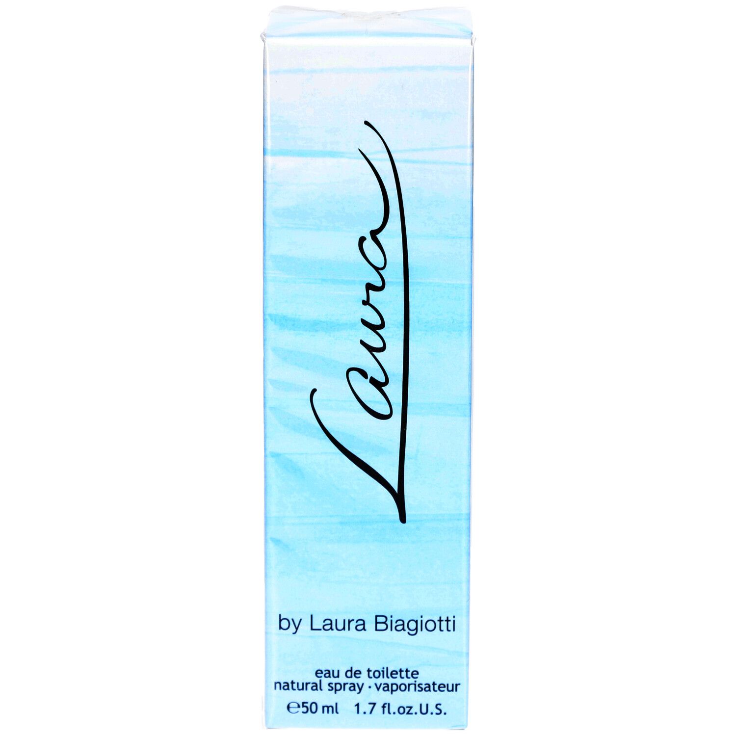Blauw-witte parfumdoos met het woord "Laura". Tekst: "by Laura Biagiotti", "eau de toilette".