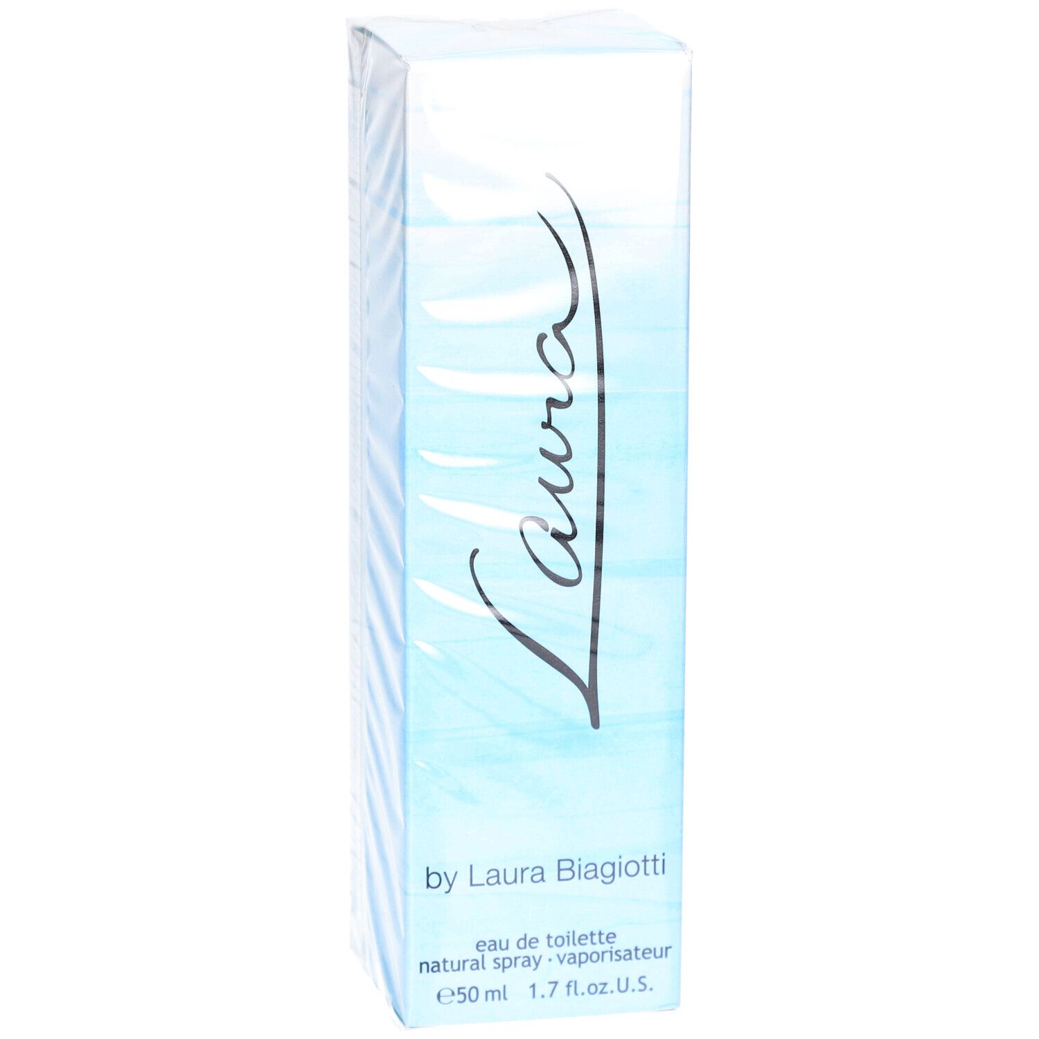 Blauw-witte parfumdoos met het woord "Laura". Tekst: "by Laura Biagiotti", "eau de toilette".