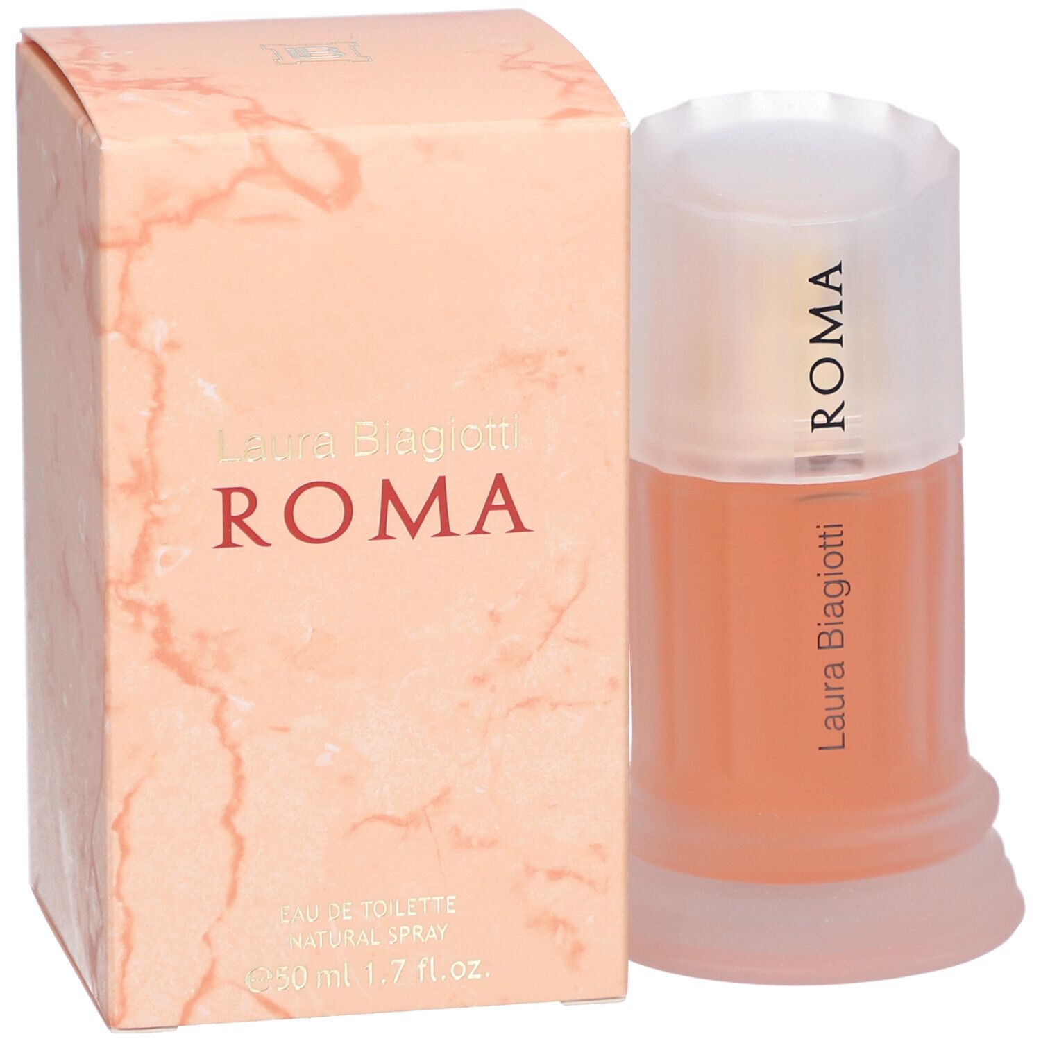 Flacon de parfum et boîte. Flacon avec base en colonne, bouchon avec inscription Roma. Boîte avec logo et texte Roma.