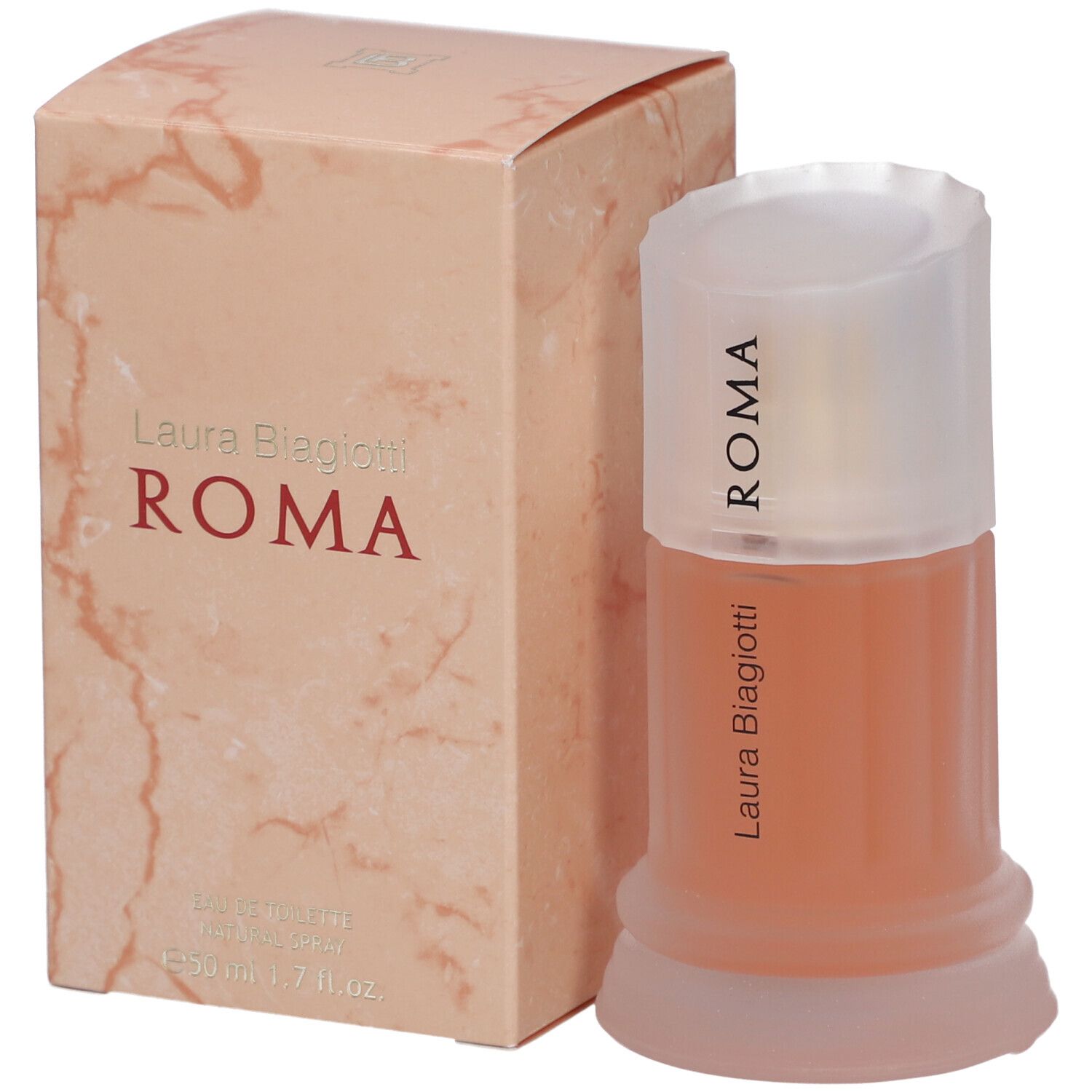 Flacon de parfum et boîte. Flacon avec base en colonne, bouchon avec inscription Roma. Boîte avec logo et texte Roma.