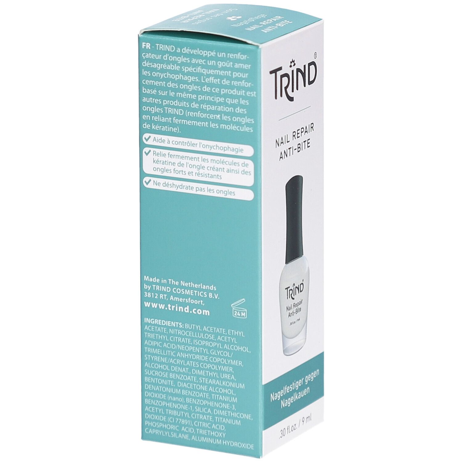 Trind Nail Repair Anti-Bite fles met witte lak en zwarte grip, 9 ml.