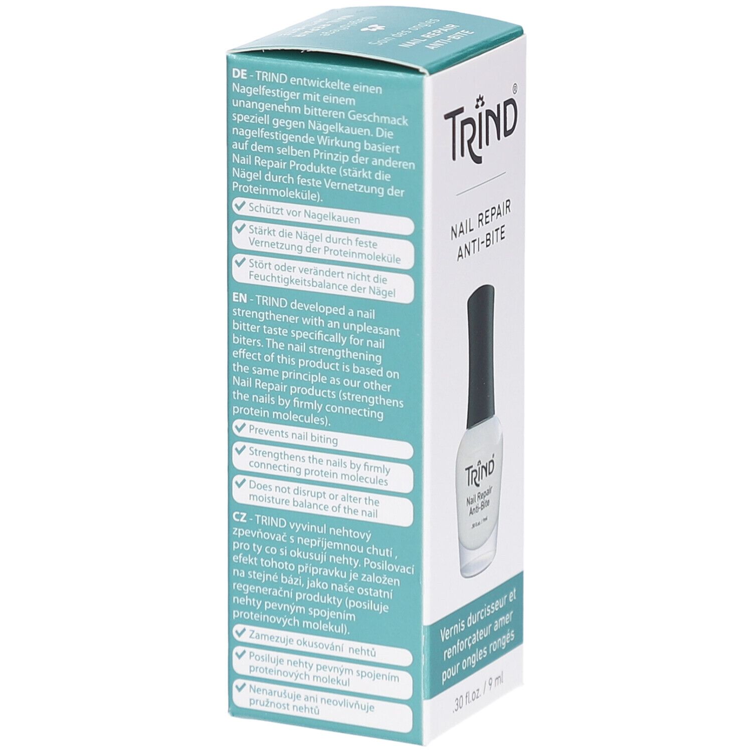 Trind Nail Repair Anti-Bite fles en doos. Witte nagellak met zwarte dop.