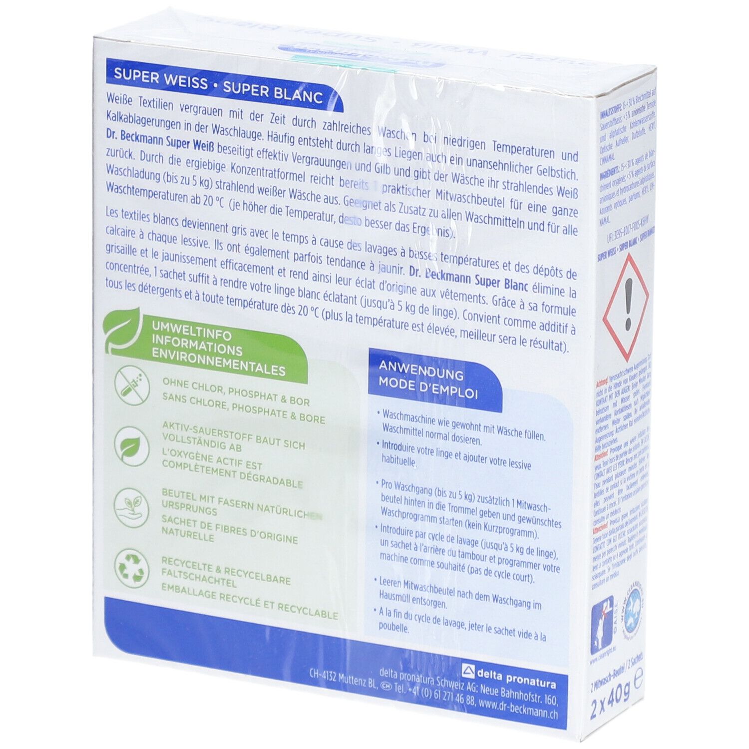 Dos de l'emballage Dr. Beckmann Super Blanc. Informations sur les ingrédients, l'utilisation et l'environnement.
