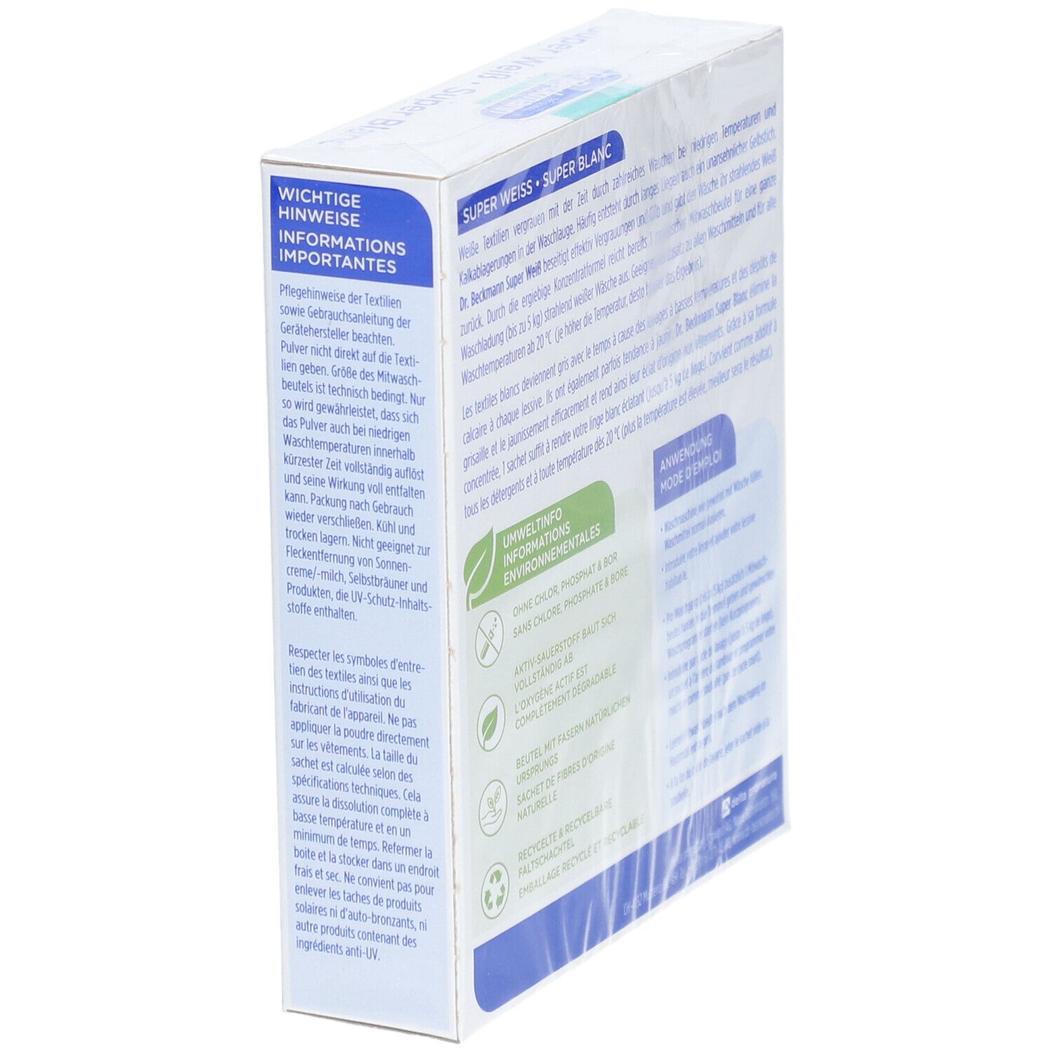 Vue latérale de l'emballage Dr. Beckmann Super Blanc. Contient des conseils et informations importants.