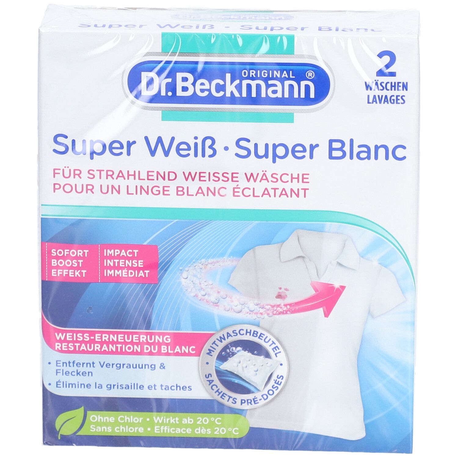 Emballage Dr. Beckmann Super Blanc. Détergent pour linge blanc. Illustration d'un t-shirt blanc.
