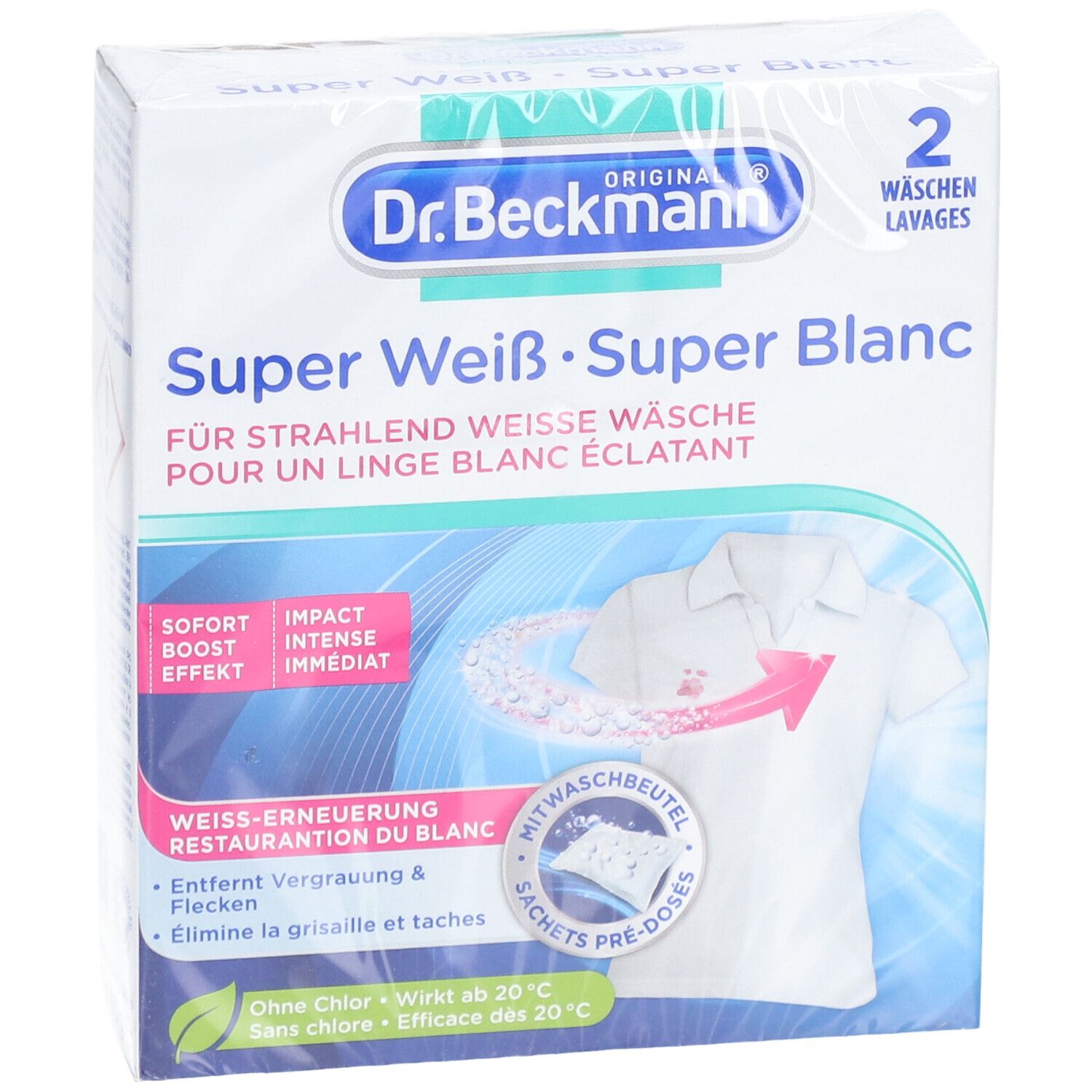 Emballage Dr. Beckmann Super Blanc. Détergent pour linge blanc. Illustration d'un t-shirt blanc.