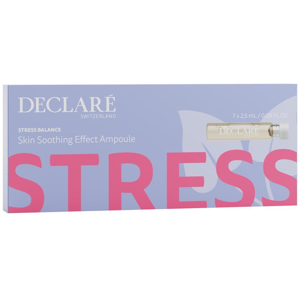 Verpakking Declare Hautberuhigungs Effect Ampoule. Tekst: Stress, Skin Soothing Effect Ampoule. Bevat een ampul.