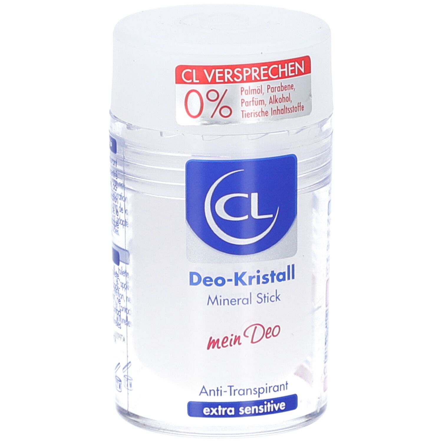 Deo-Kristall Mineral Stick. Witte stick met blauw logo en rode sticker. Anti-transpirant, extra gevoelig.