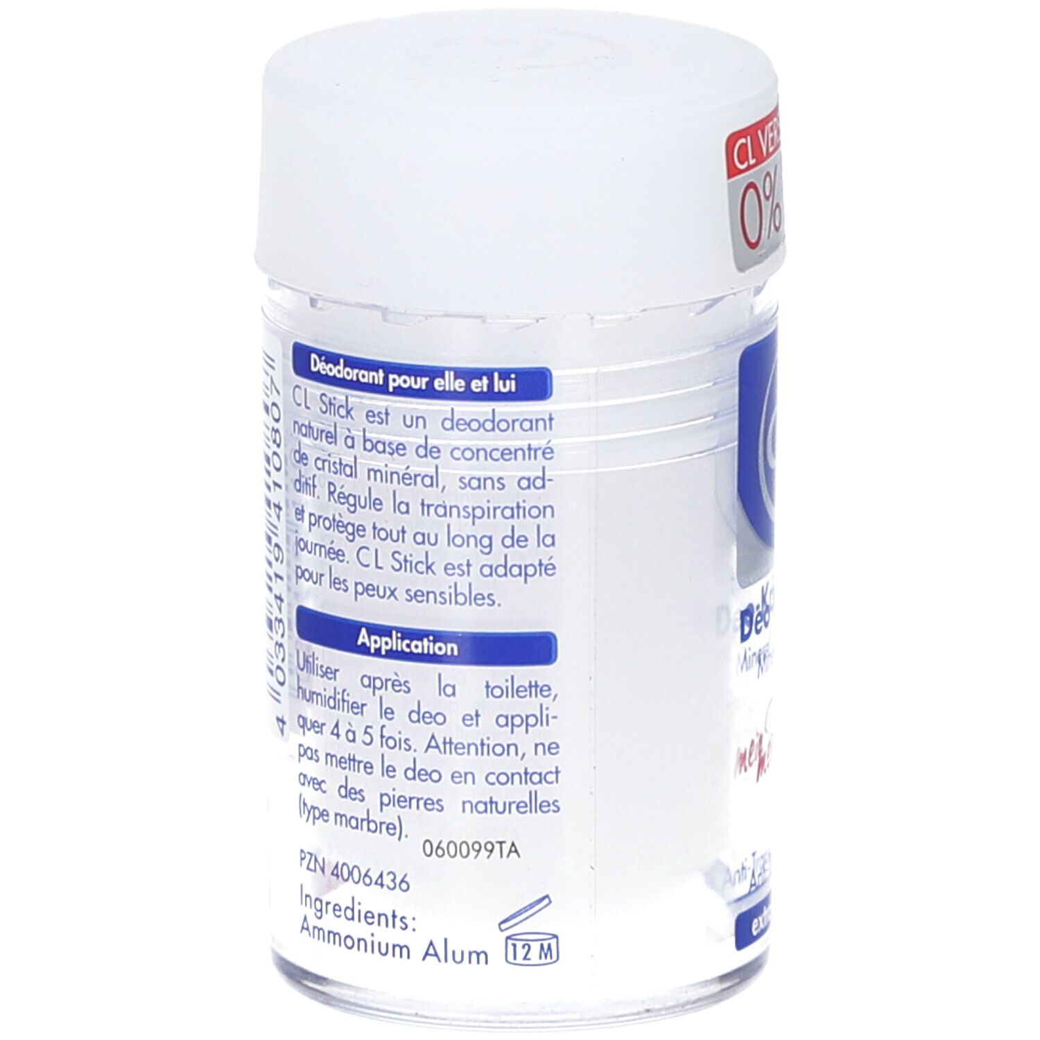 Deo-Kristall Mineral Stick. Achterkant met tekst. Ingrediënten: Ammonium Alum. 12M-symbool. Vegan-zegel.