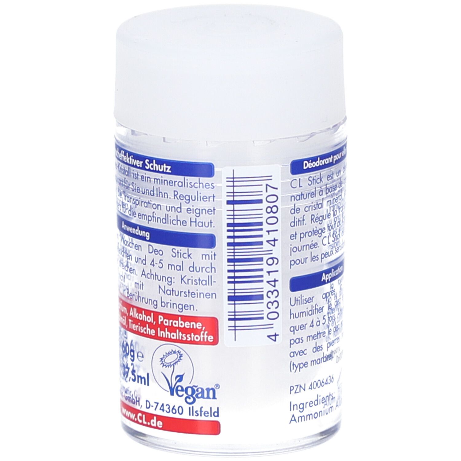 Deo-Kristall Mineral Stick. Achterkant met tekst. Vegan-zegel. 60g, 37,5ml. Vrij van ingrediënten.