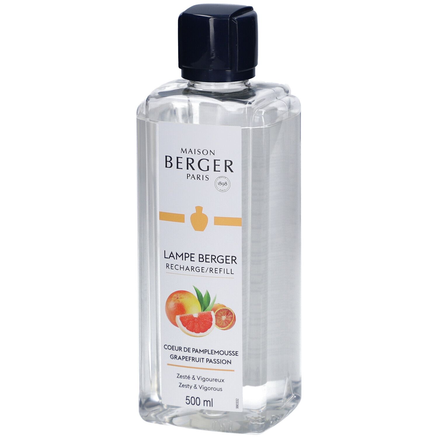 Heldere vloeibare navulling met zwarte dop. Etiket met productnaam, grapefruit illustratie en merklogo.