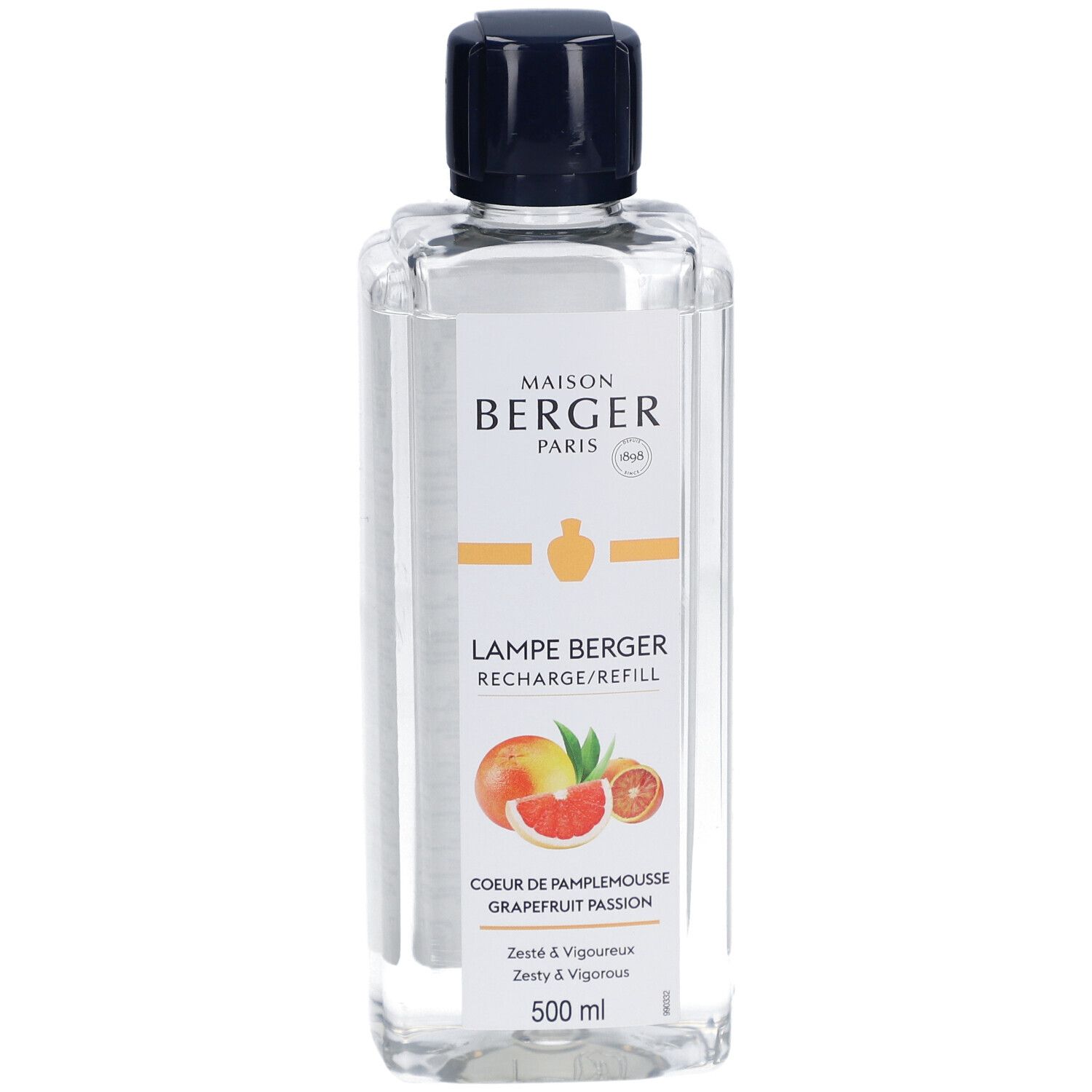 Heldere vloeibare navulling met zwarte dop. Etiket met productnaam, grapefruit illustratie en merklogo.