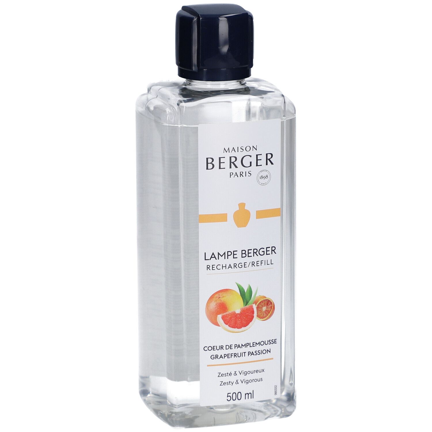 Heldere vloeibare navulling met zwarte dop. Etiket met productnaam, grapefruit illustratie en merklogo.