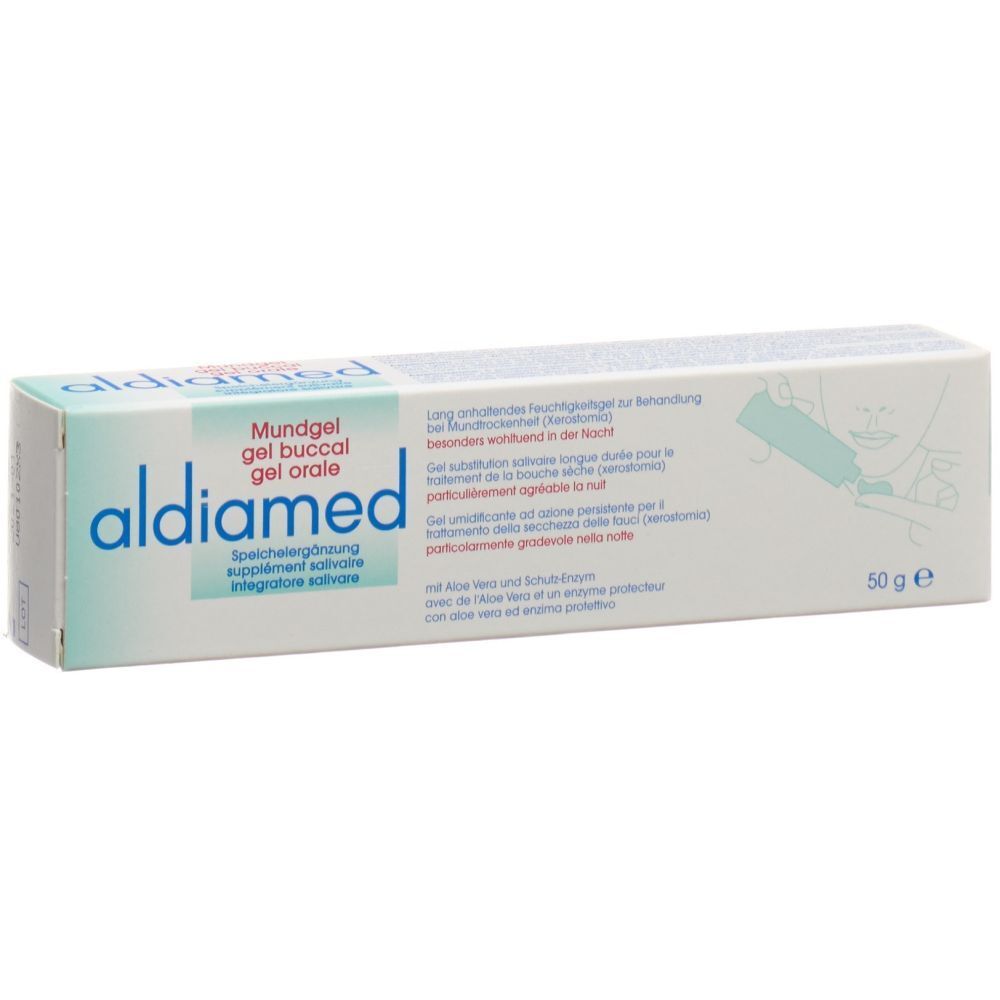 Doosje aldiamed Mundgel. Tekst in het Duits, Frans, Italiaans. 50g. Illustratie van een mond.