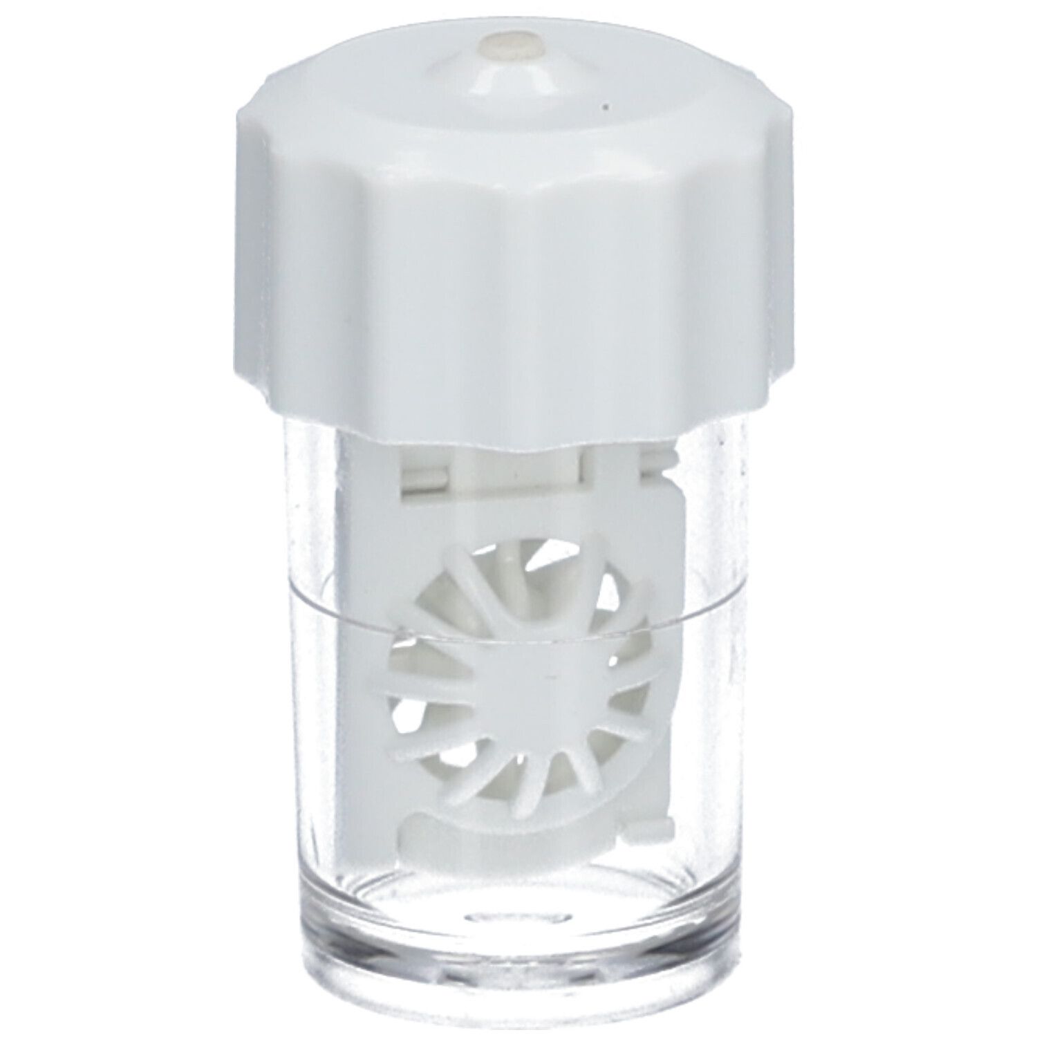 Contactlenshouder, transparant glas, witte deksel met draaisluiting en wit inzetstuk.