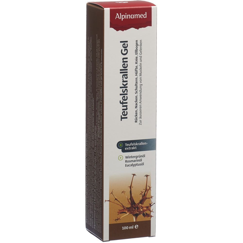 Bruine doos met Alpinamed Teufelskrallen Gel. Opschrift: Rug, nek, schouders, heupen, knieën, ellebogen. 100ml.