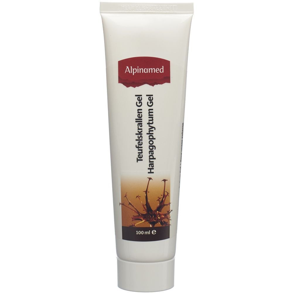 Witte tube Alpinamed Teufelskrallen Gel. Opschrift: Harpagophytum Gel. 100ml. Afbeelding van een duivelsklauw.
